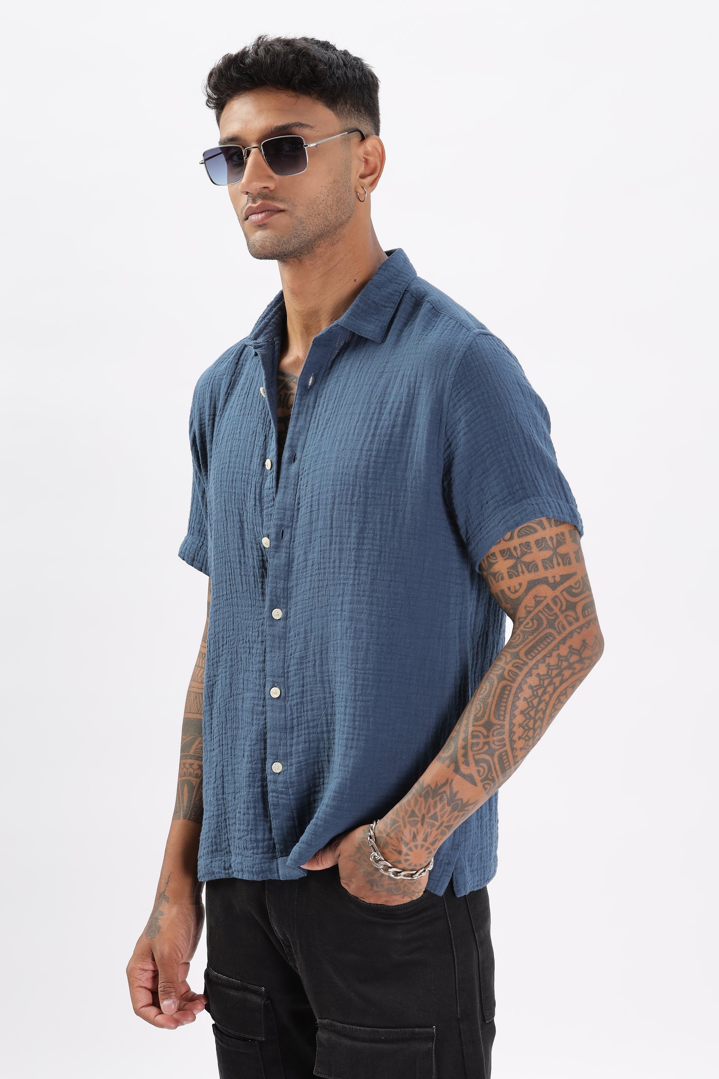 Uri Textured Boxy Fit Blue Shirt