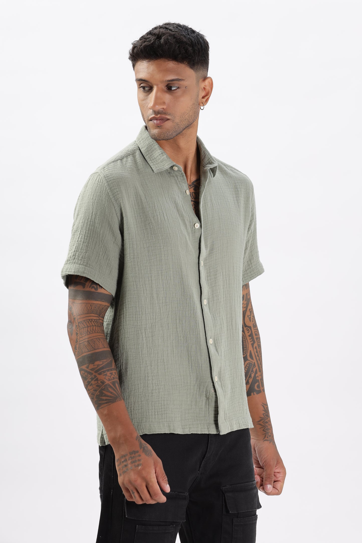 Uri Textured Boxy Fit Olive Shirt