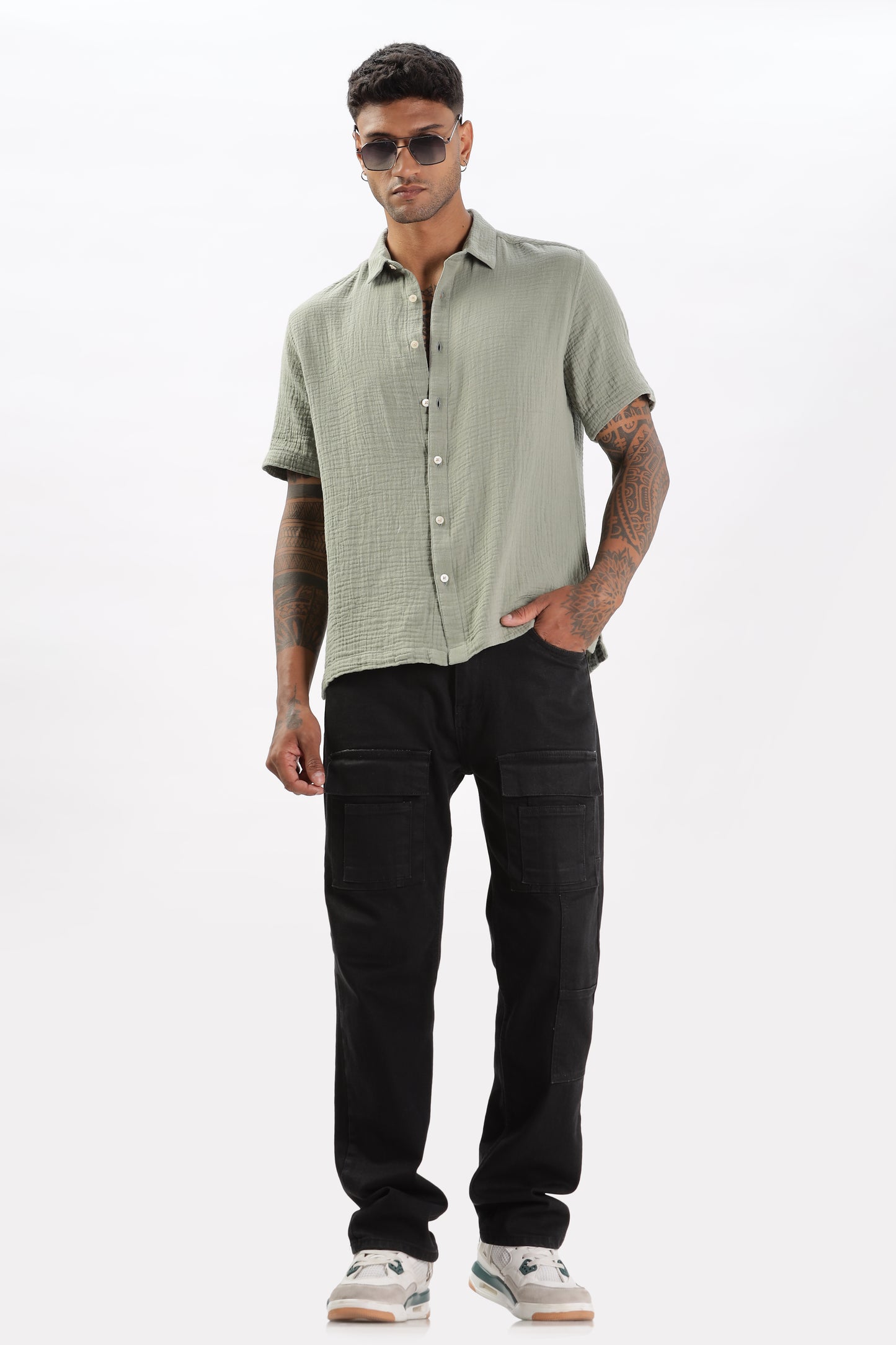 Uri Textured Boxy Fit Olive Shirt