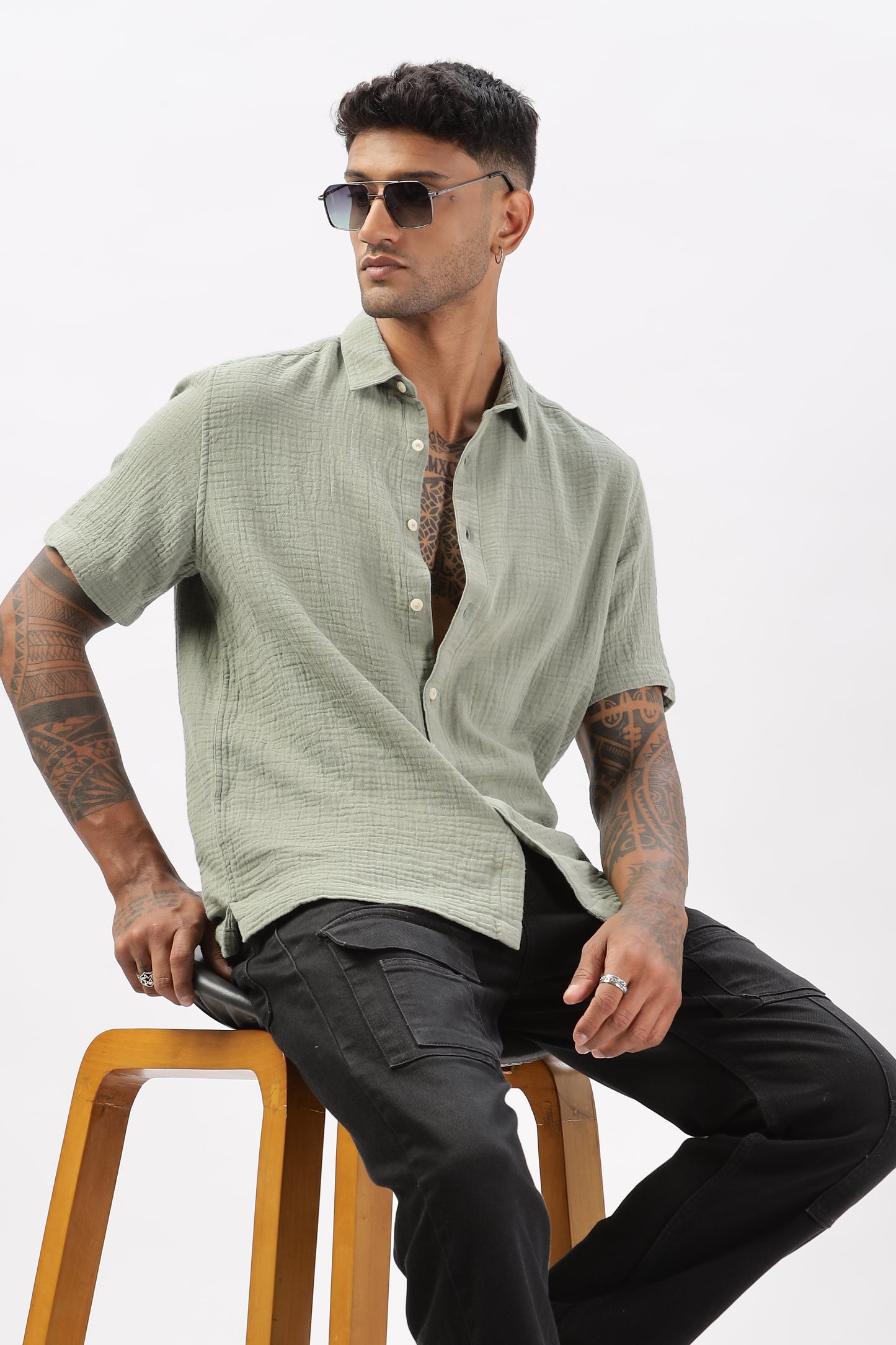 Uri Textured Boxy Fit Olive Shirt