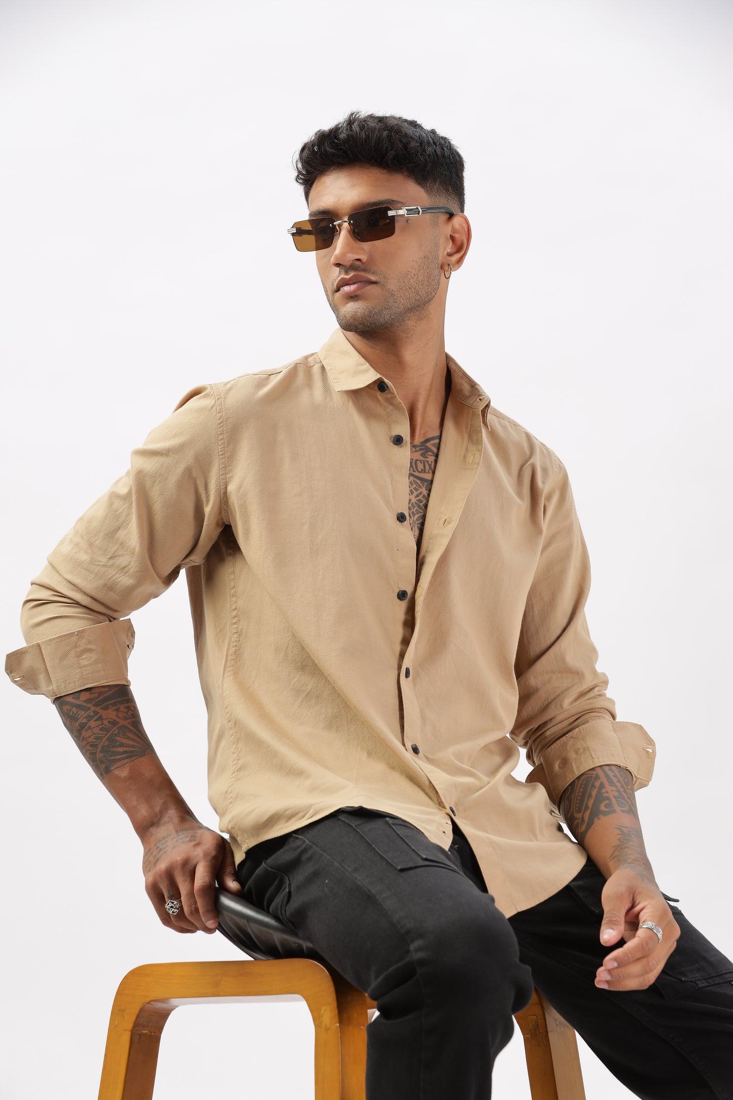 Uri Khaki Dobby Textured Casual Shirt