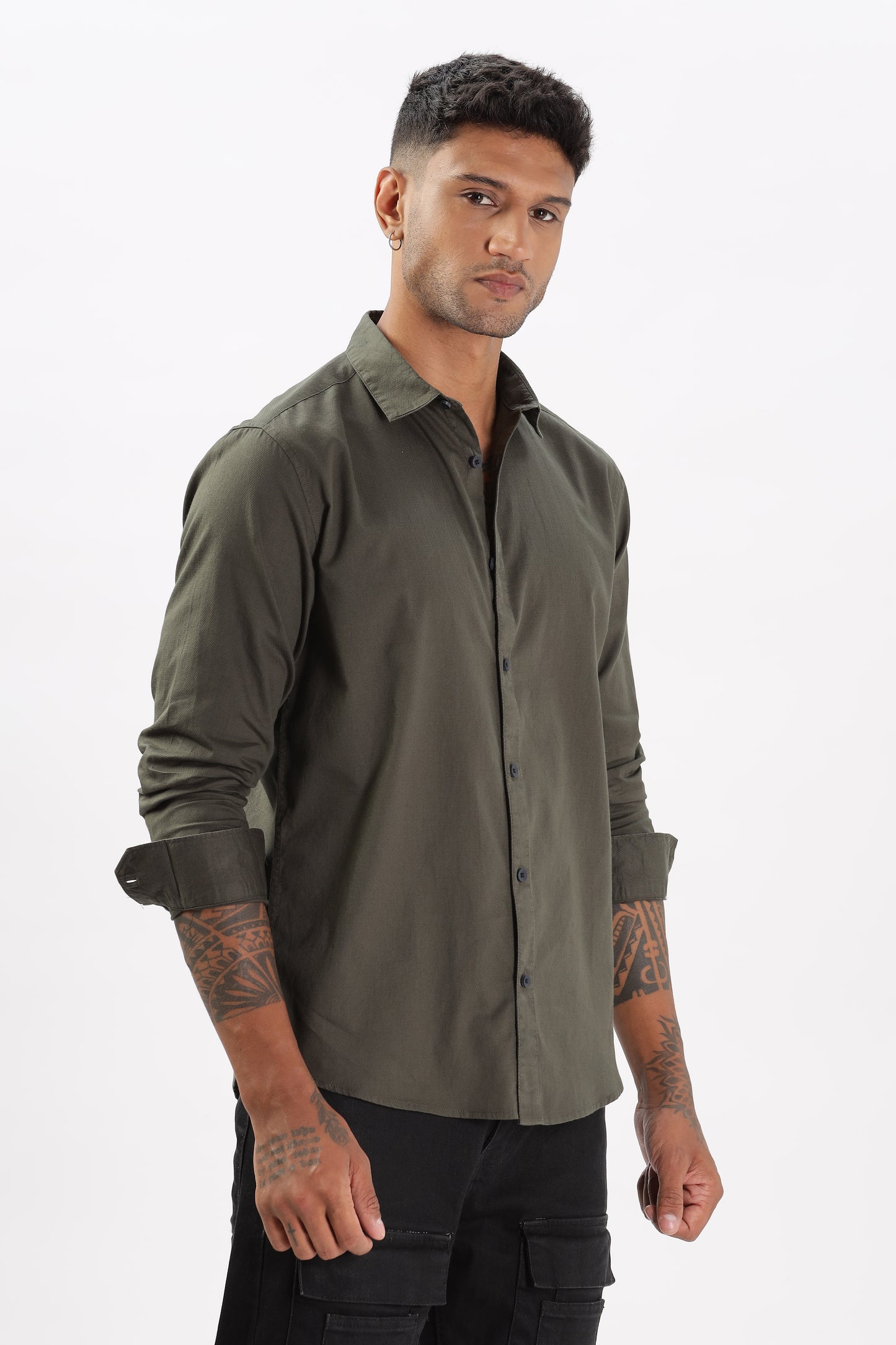Uri Olive Dobby Textured Casual Shirt