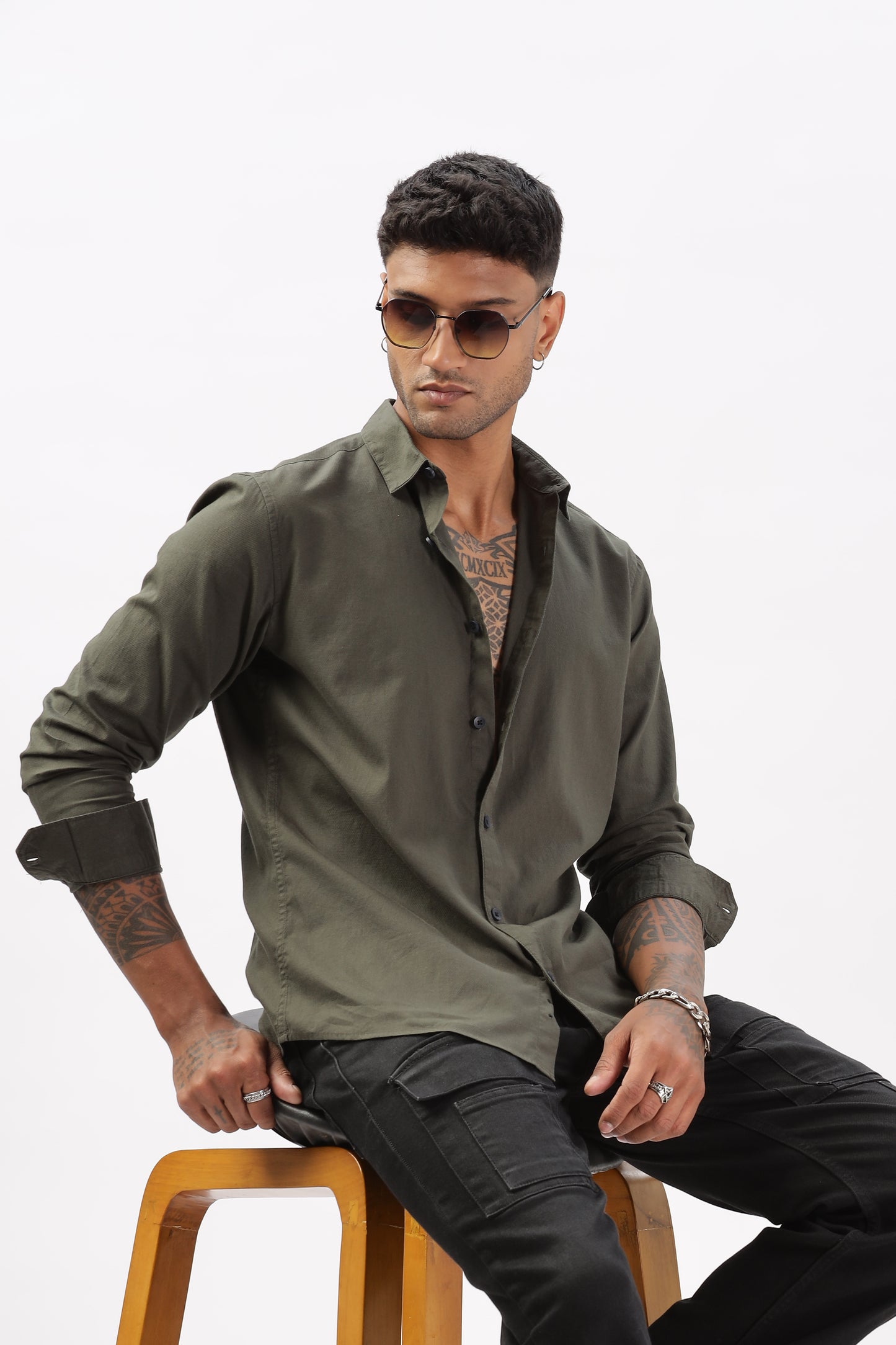Uri Olive Dobby Textured Casual Shirt