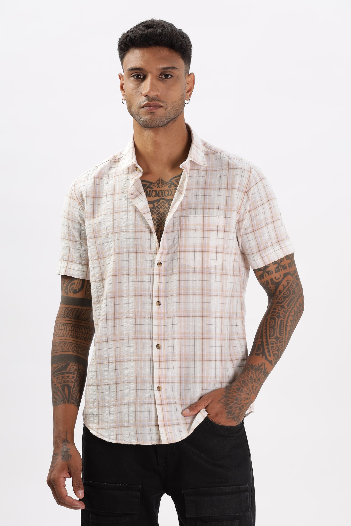 Uri Cream Seersucker Casual Shirt