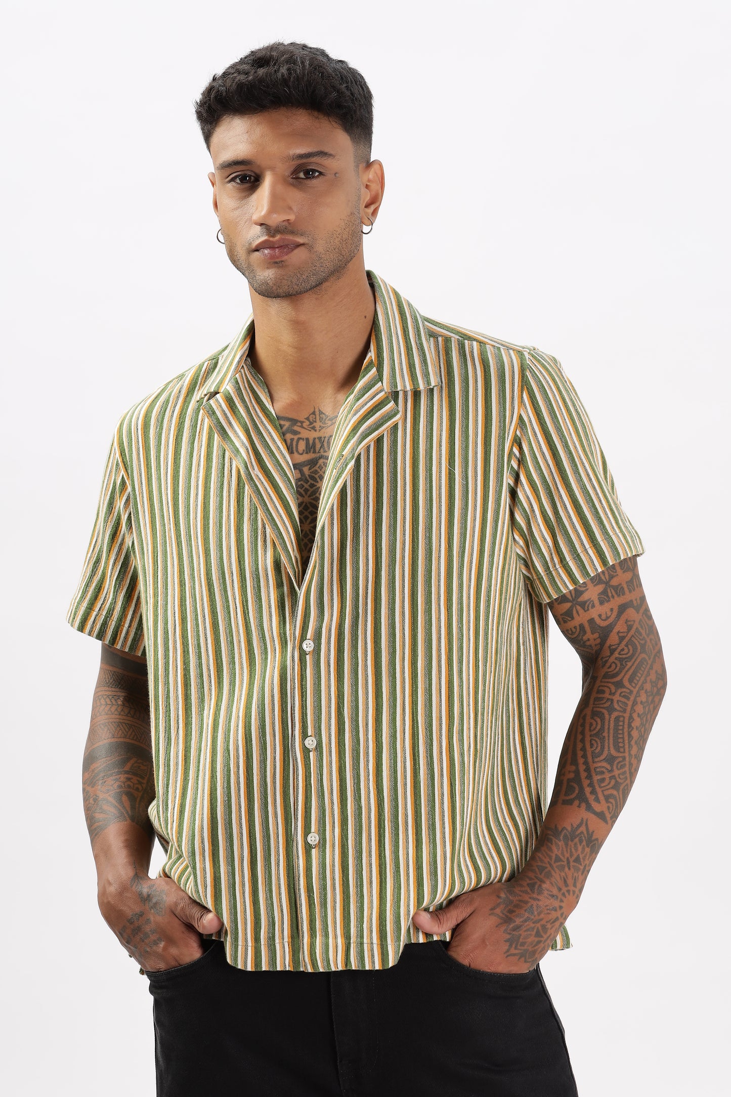 Uri Multicolor Stripe Textured Cuban Collar Shirt