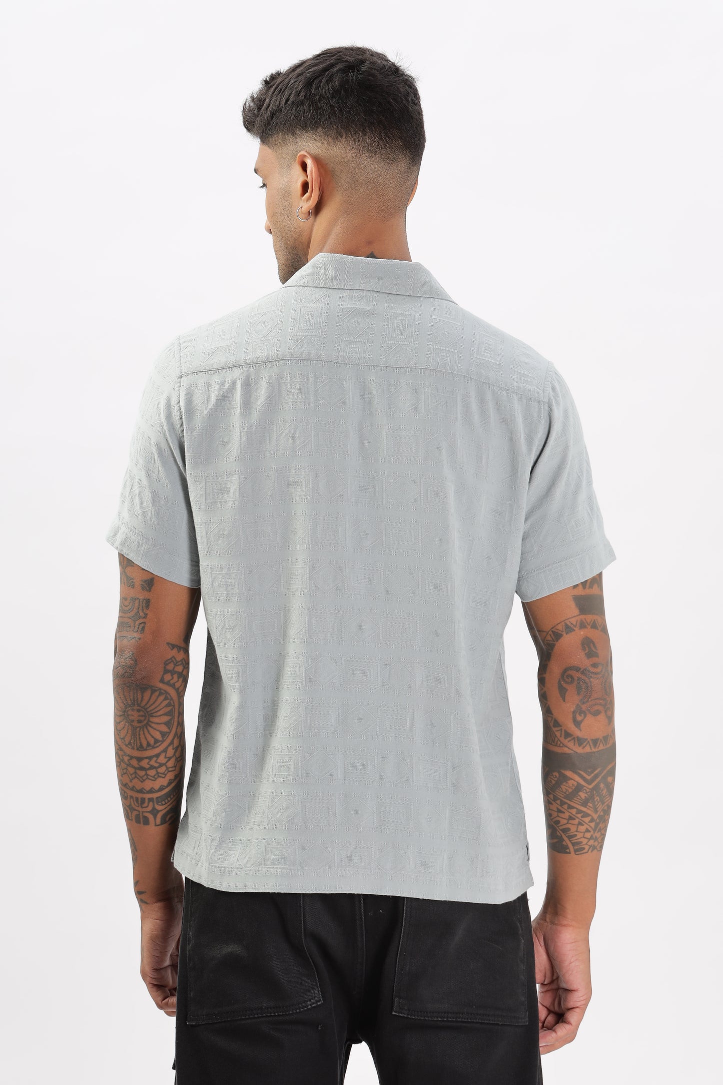Uri Grey Jacquard Casual Cuban Collar Shirt