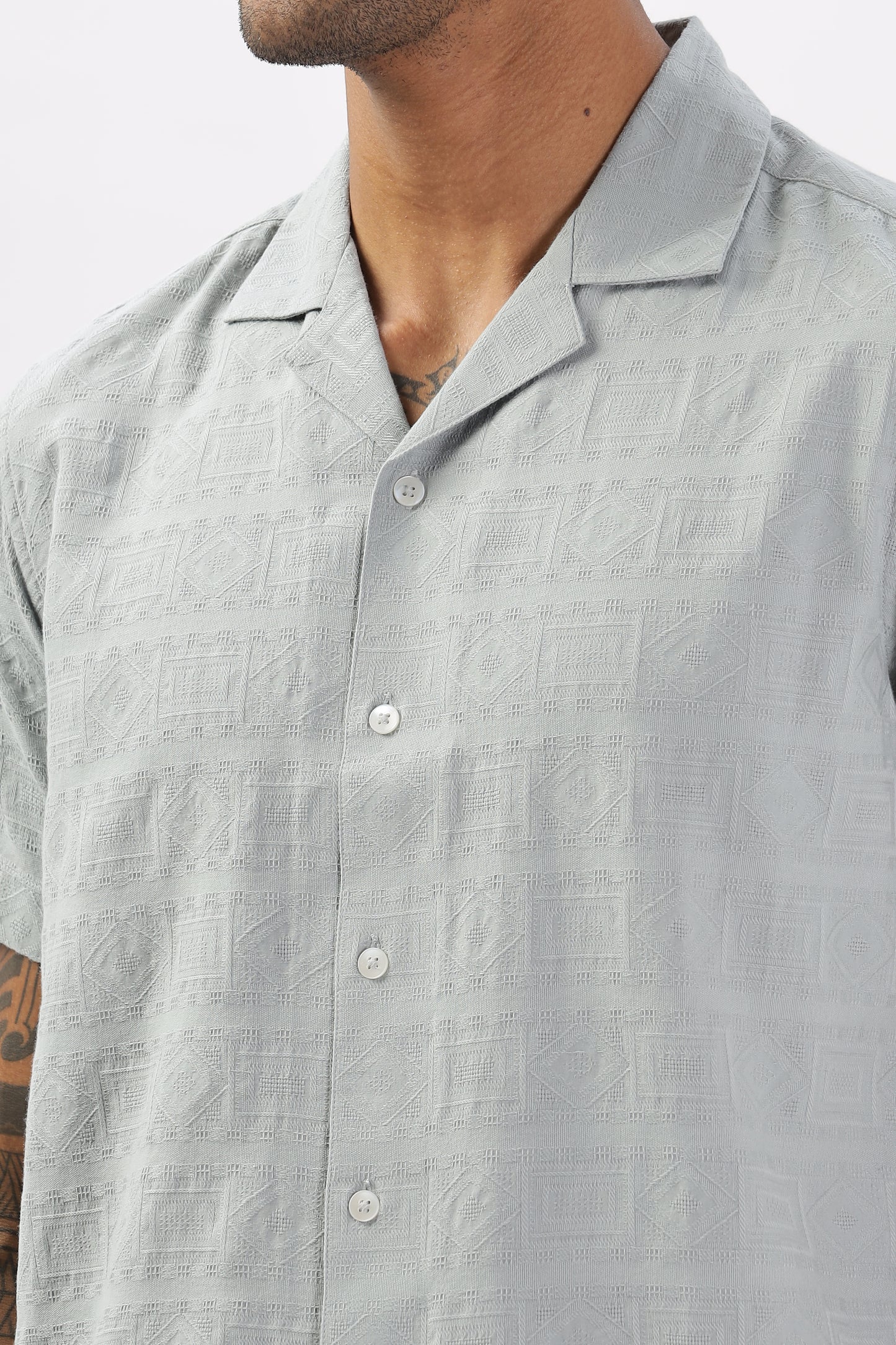 Uri Grey Jacquard Casual Cuban Collar Shirt