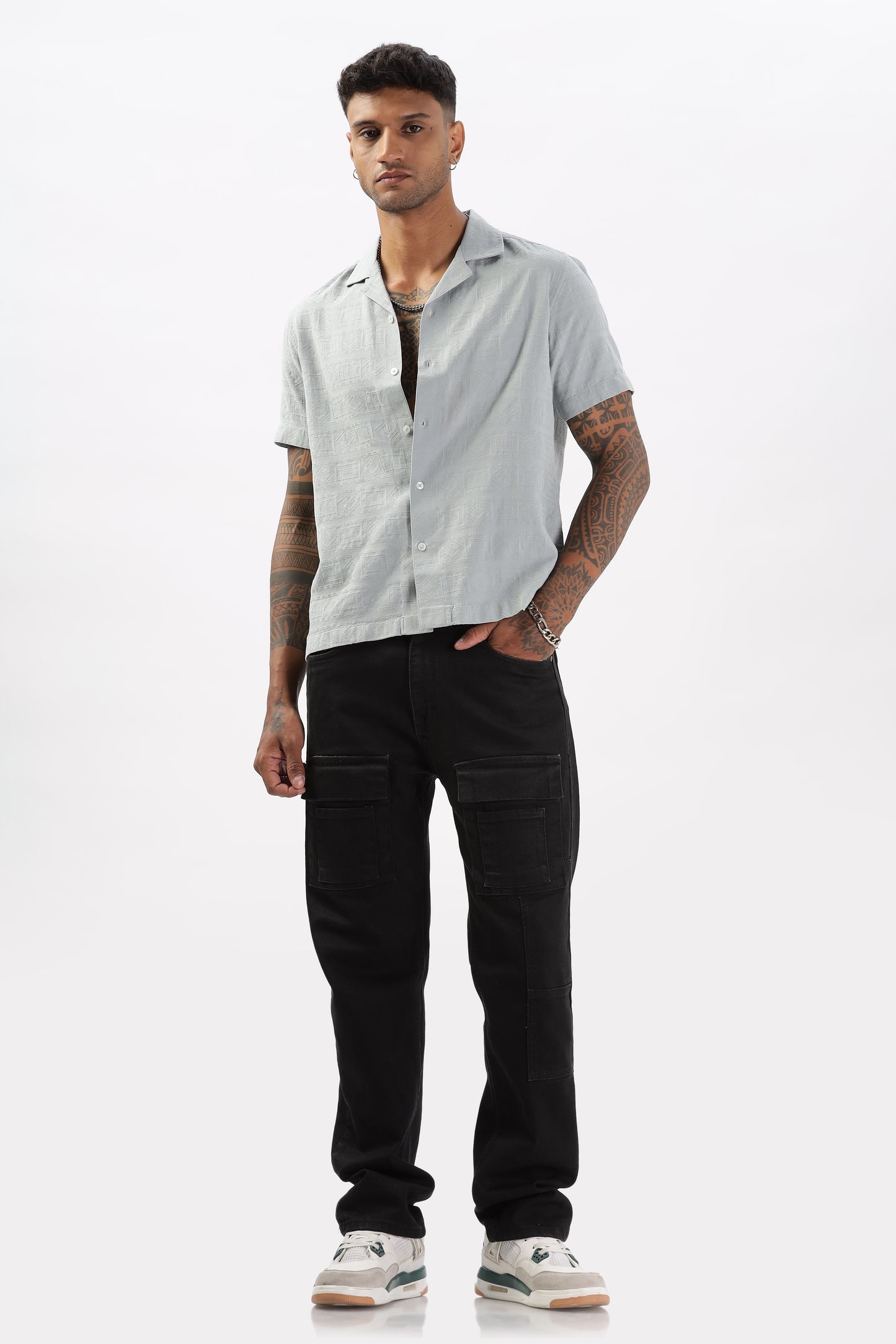 Uri Grey Jacquard Casual Cuban Collar Shirt