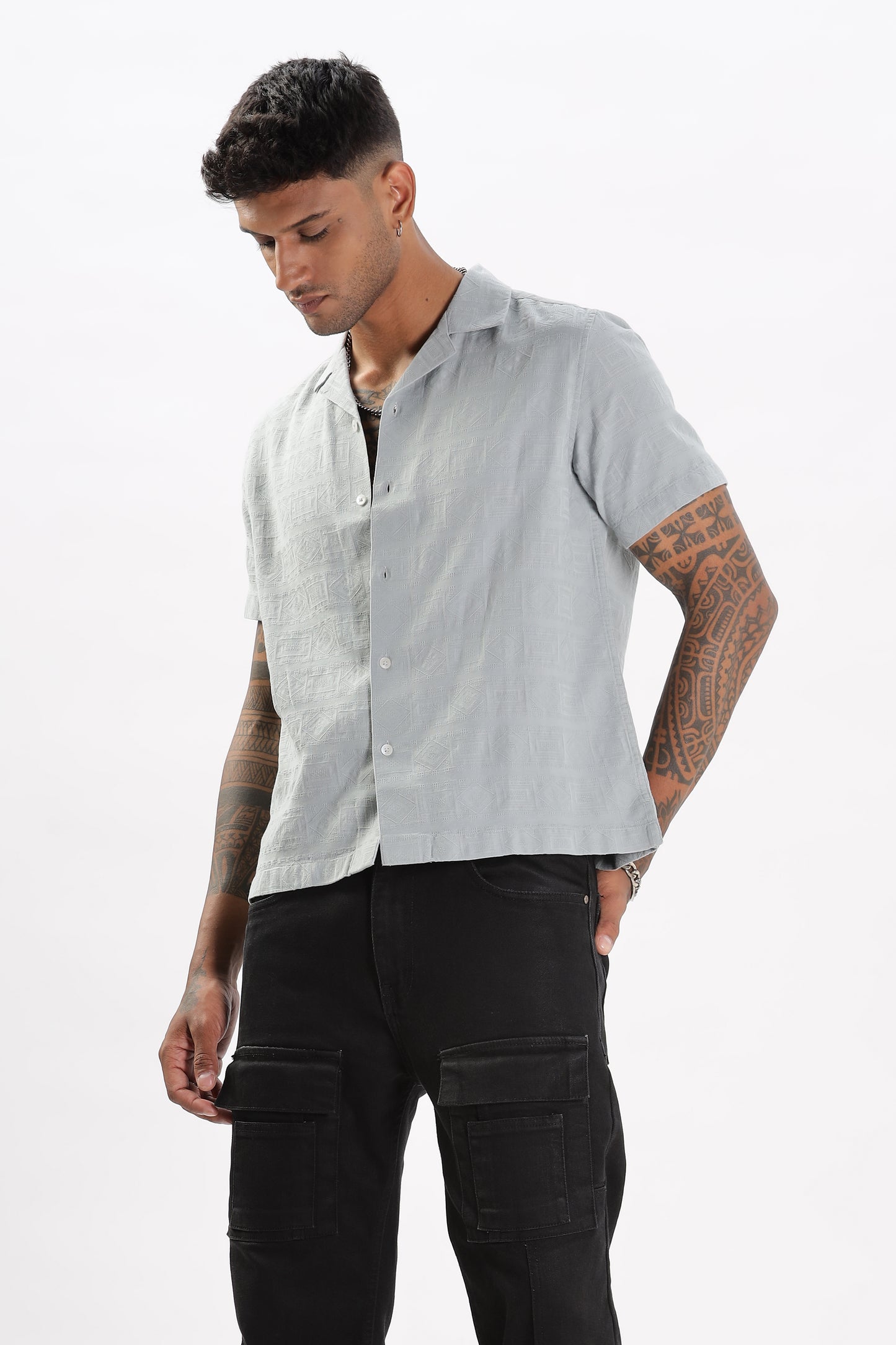 Uri Grey Jacquard Casual Cuban Collar Shirt