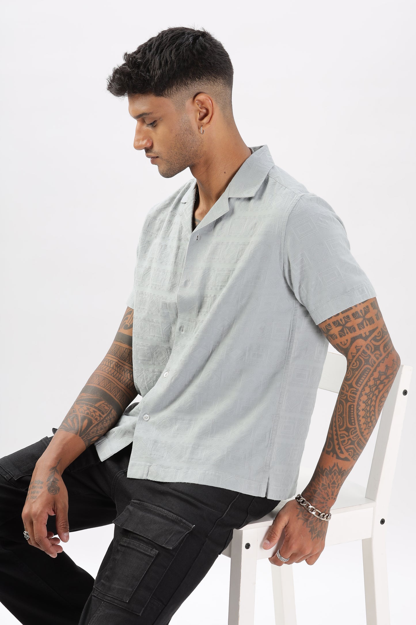 Uri Grey Jacquard Casual Cuban Collar Shirt