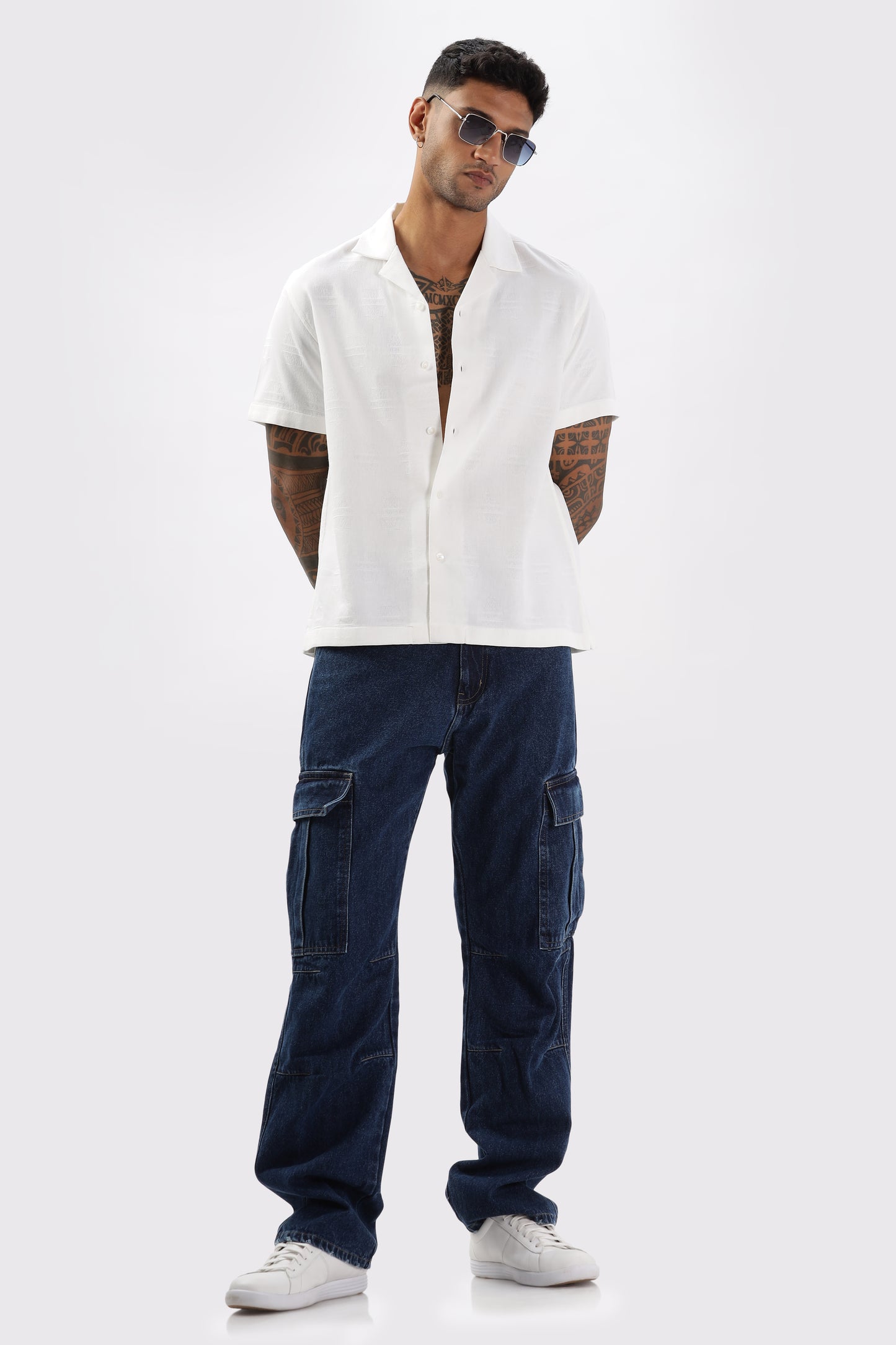 Uri White Jacquard Casual Cuban Collar Shirt
