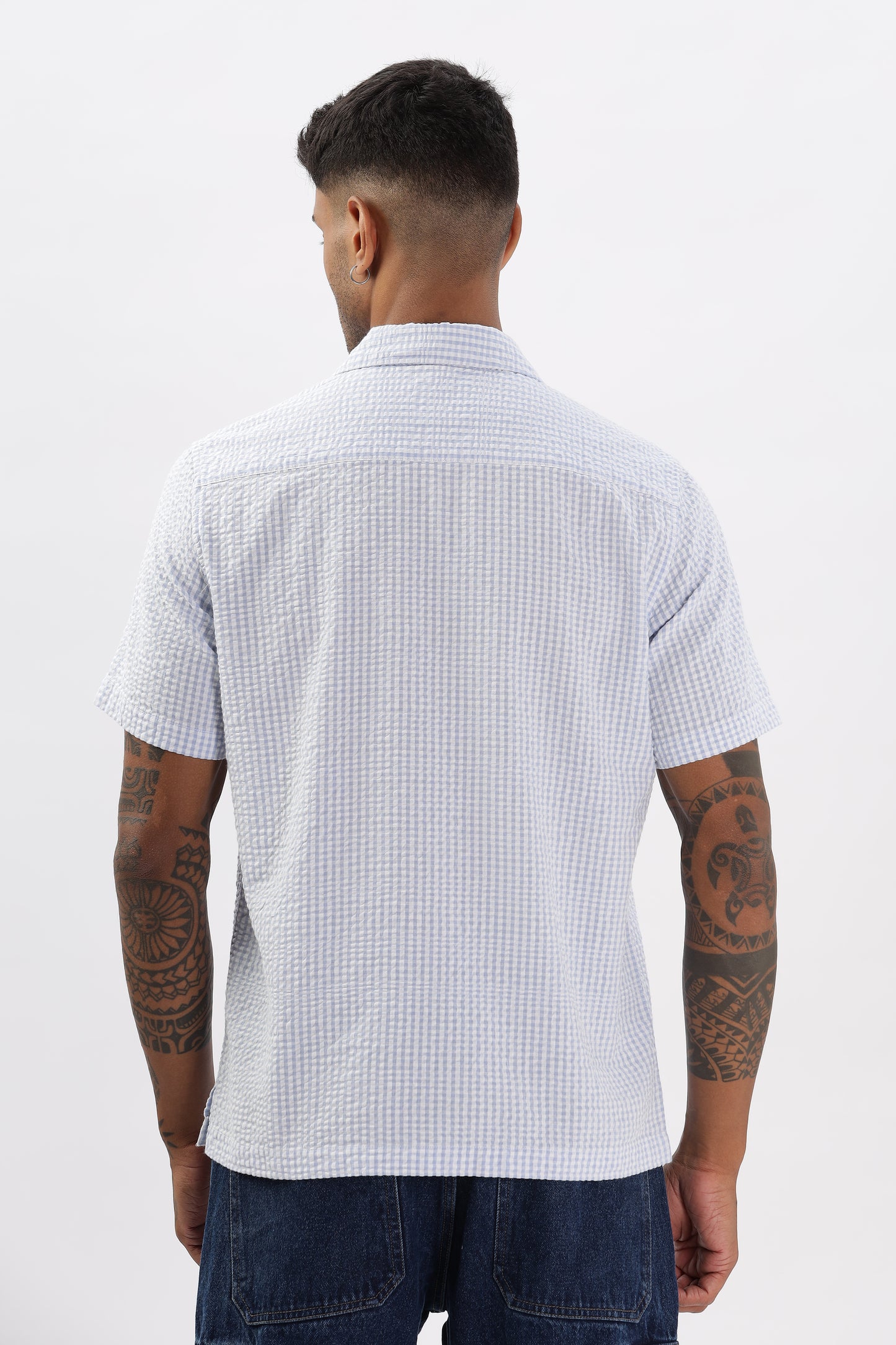 Uri Blue Gingham Check Casual Half Sleeve Shirt