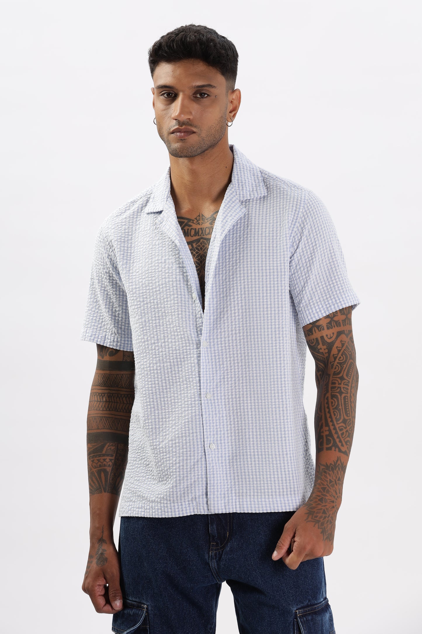 Uri Blue Gingham Check Casual Half Sleeve Shirt