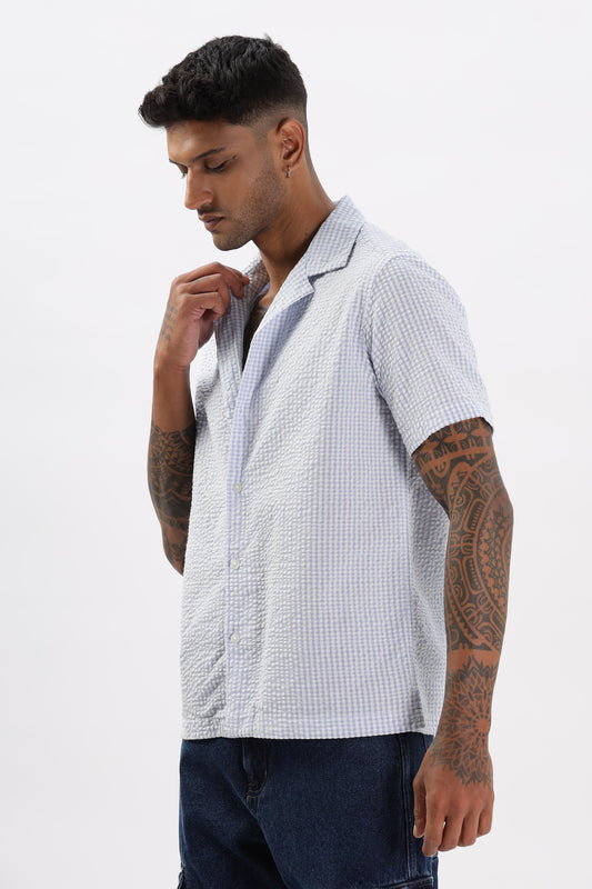 Uri Blue Gingham Check Casual Half Sleeve Shirt