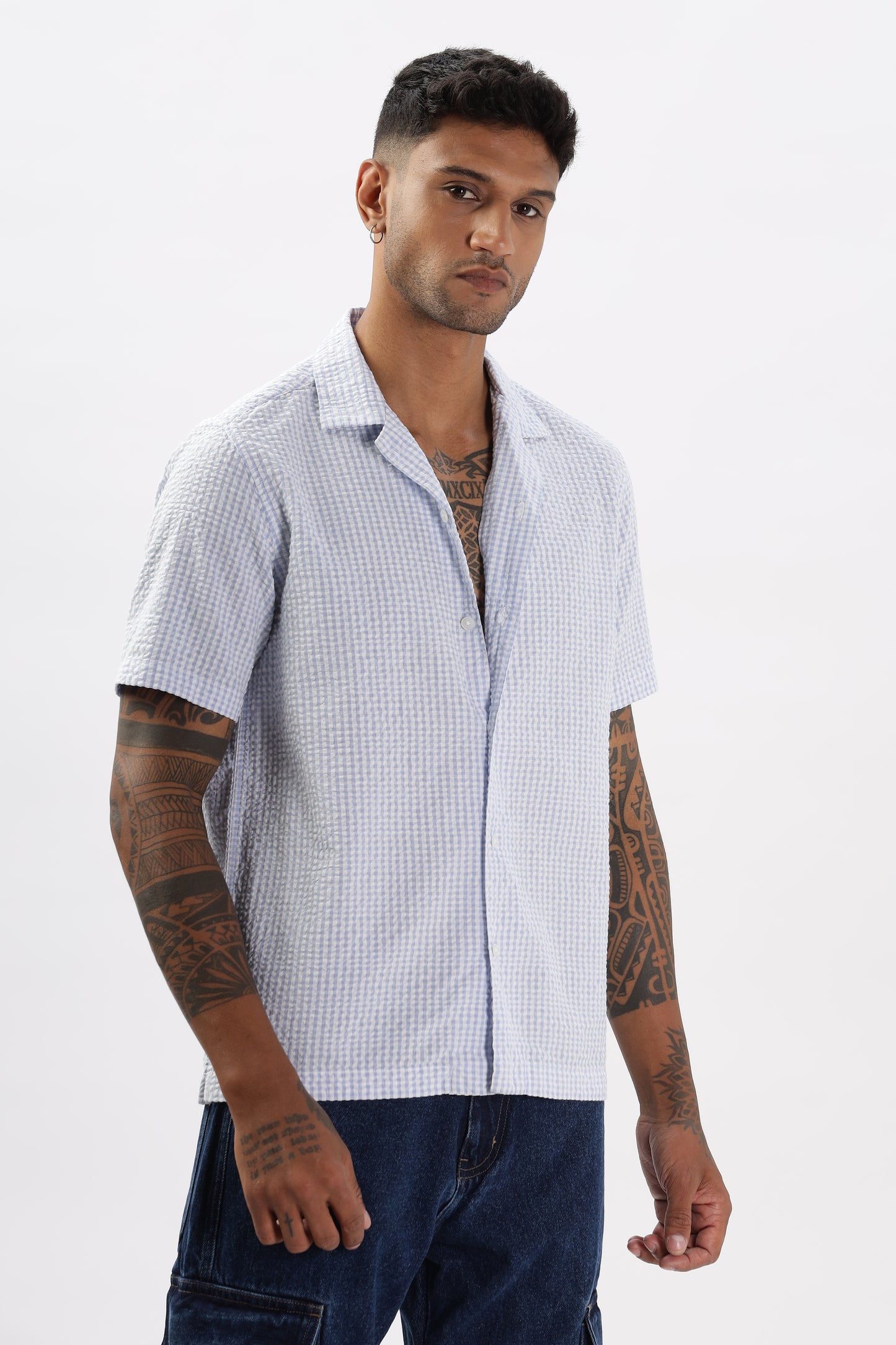 Uri Blue Gingham Check Casual Half Sleeve Shirt