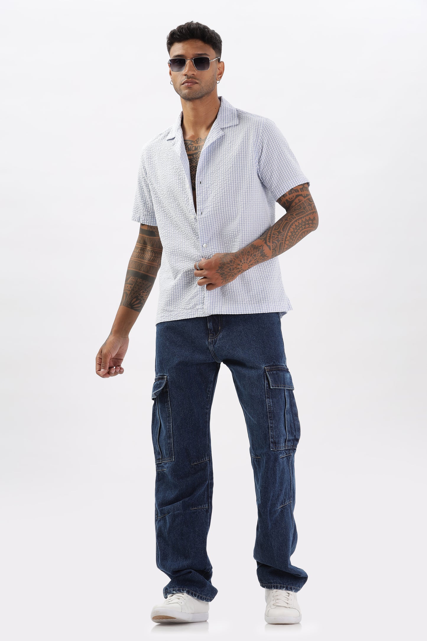 Uri Blue Gingham Check Casual Half Sleeve Shirt