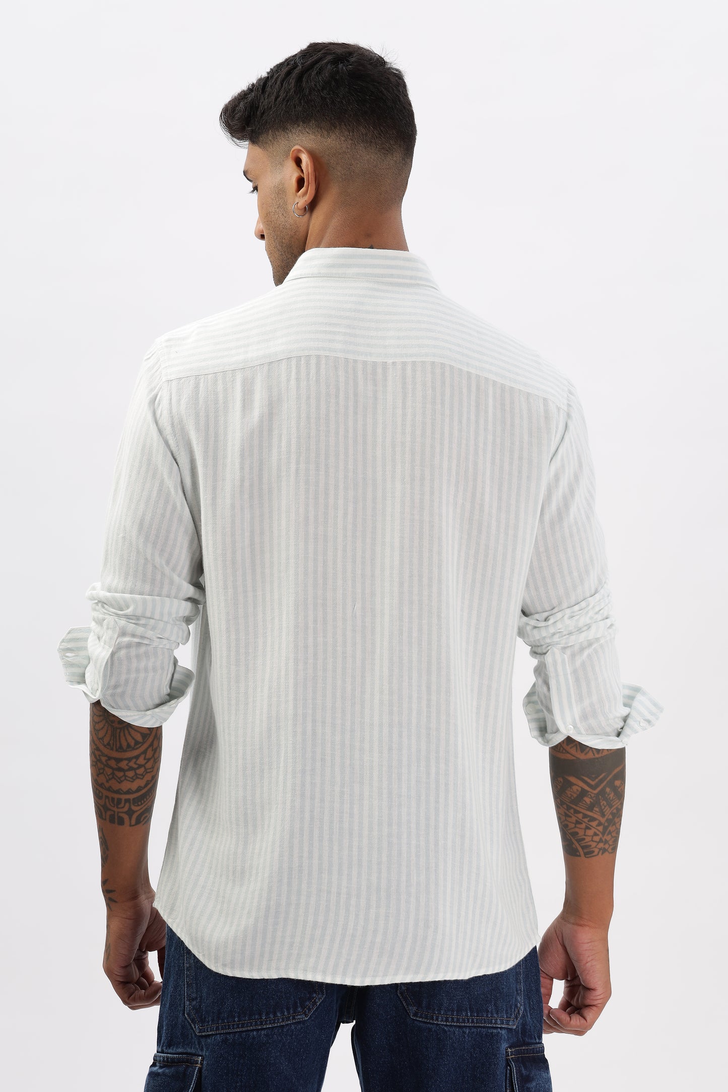 Uri White & Blue Striped Spread Collar Linen Shirt