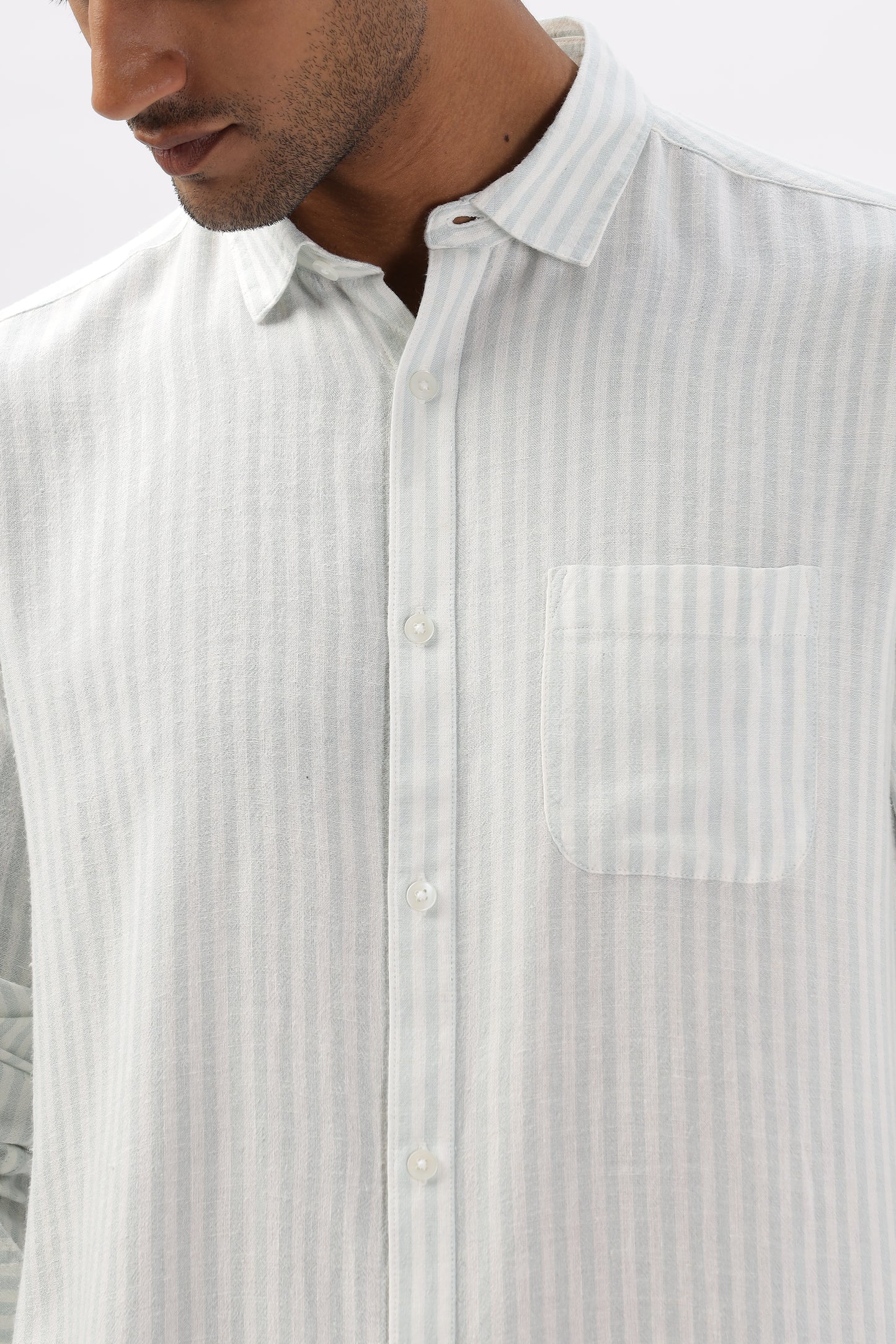 Uri White & Blue Striped Spread Collar Linen Shirt
