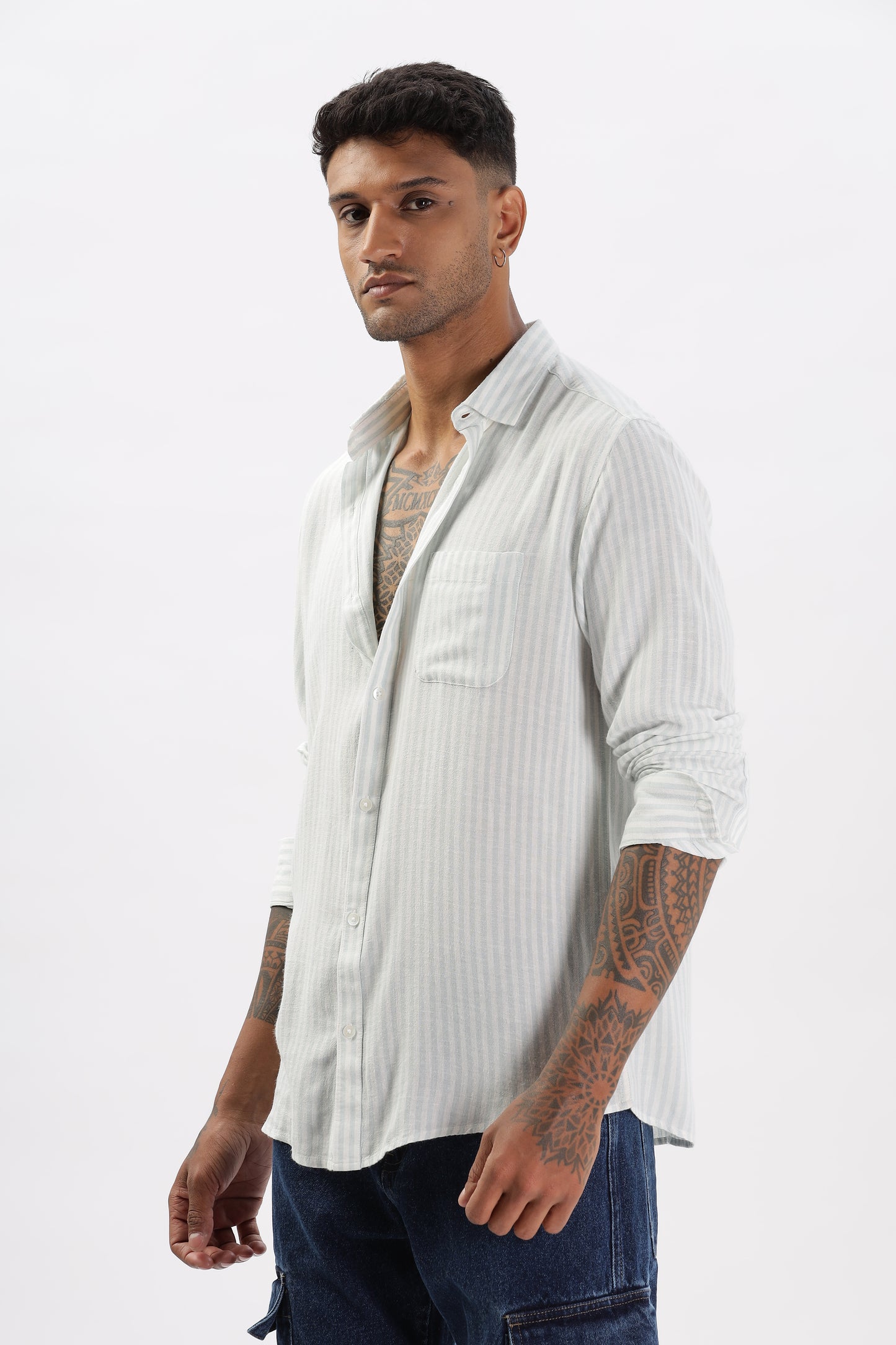 Uri White & Blue Striped Spread Collar Linen Shirt