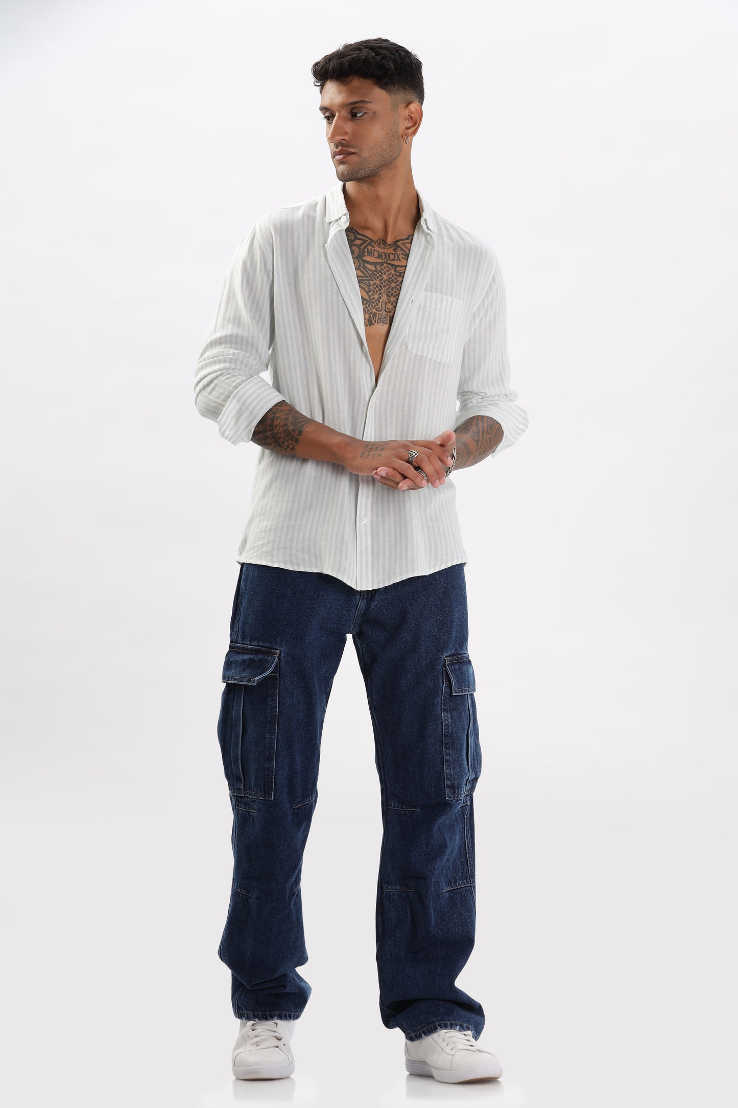 Uri White & Blue Striped Spread Collar Linen Shirt