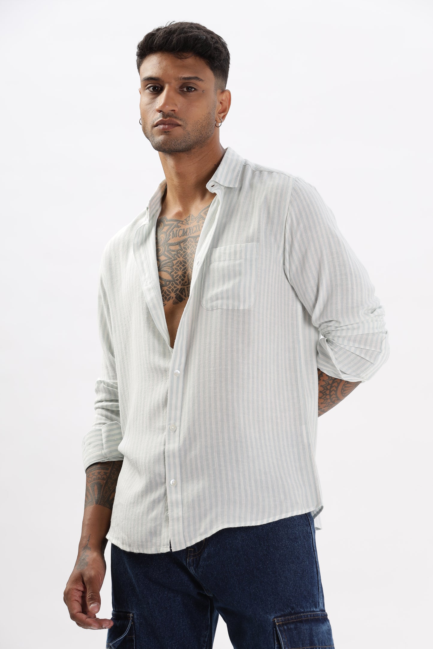 Uri White & Blue Striped Spread Collar Linen Shirt