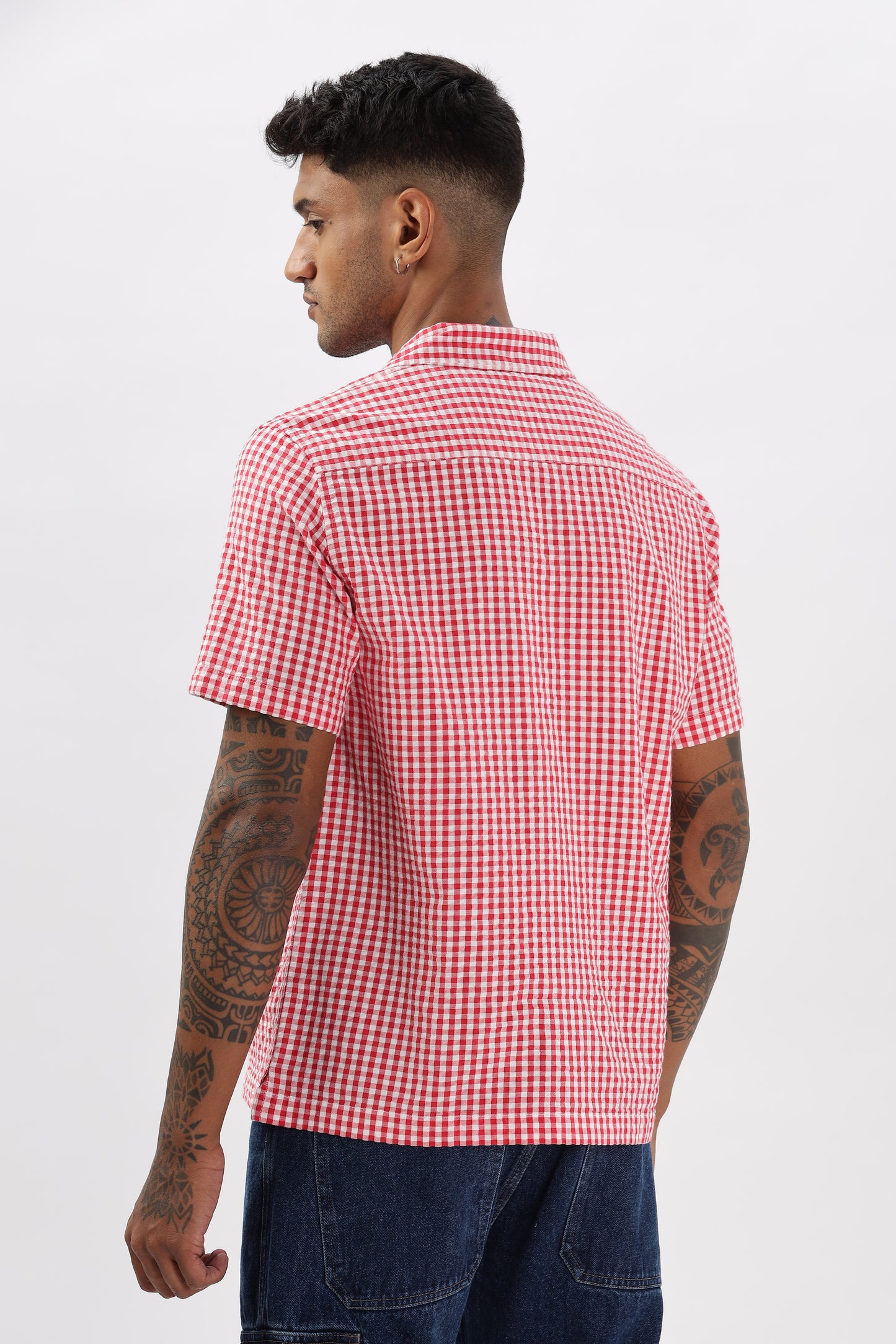 Uri Red Gingham Check Casual Half Sleeve Shirt
