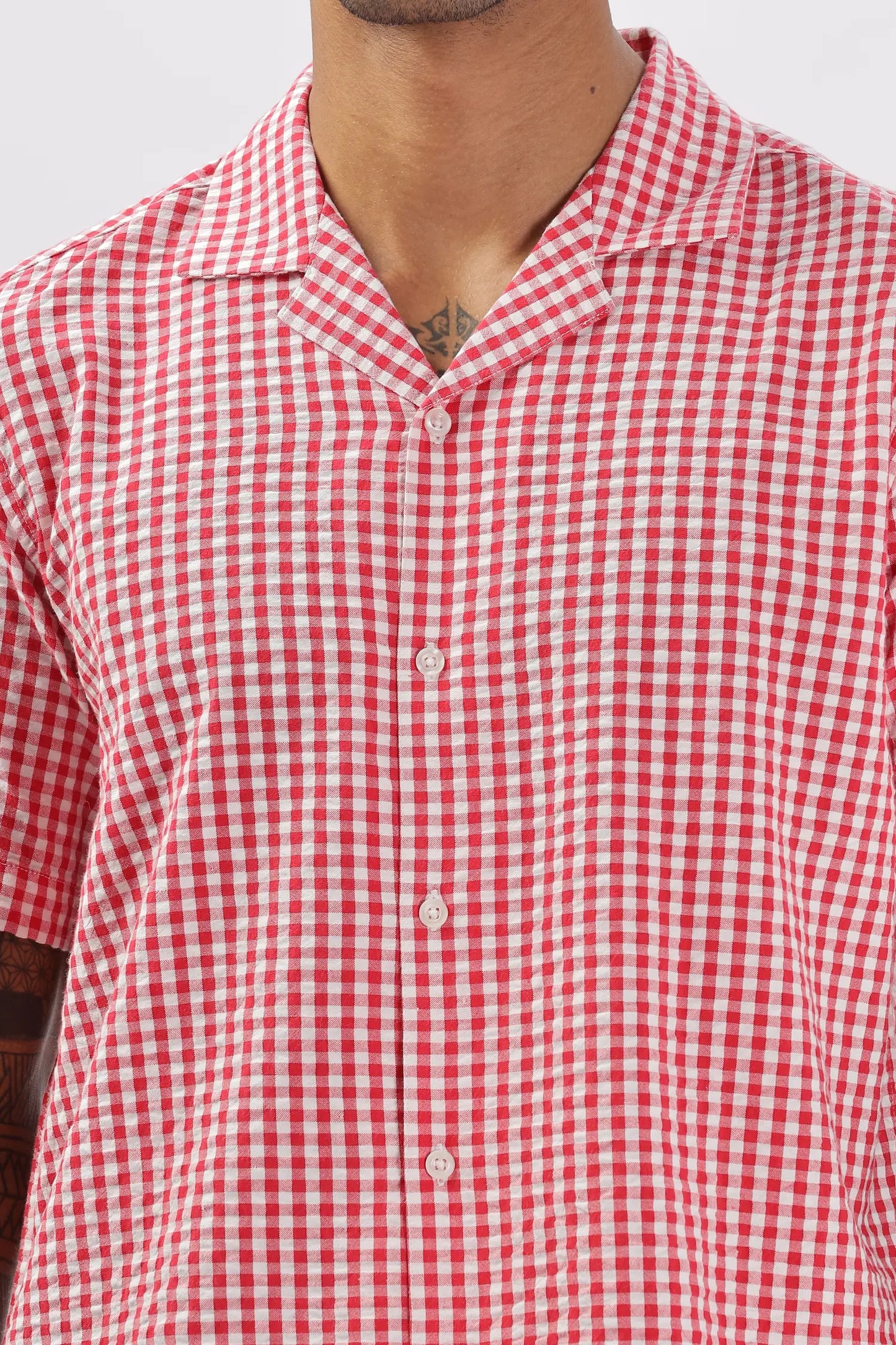 Uri Red Gingham Check Casual Half Sleeve Shirt