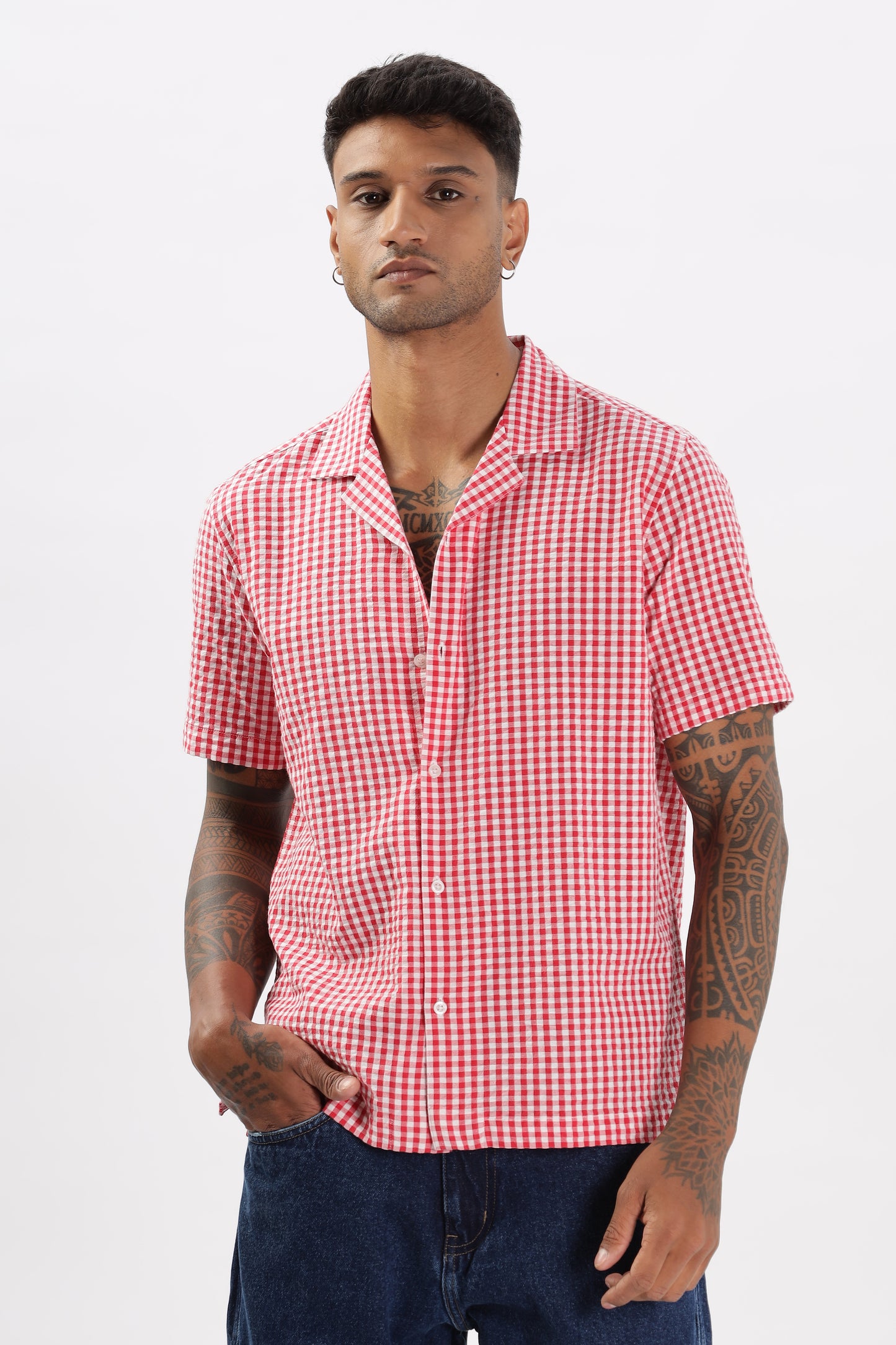 Uri Red Gingham Check Casual Half Sleeve Shirt