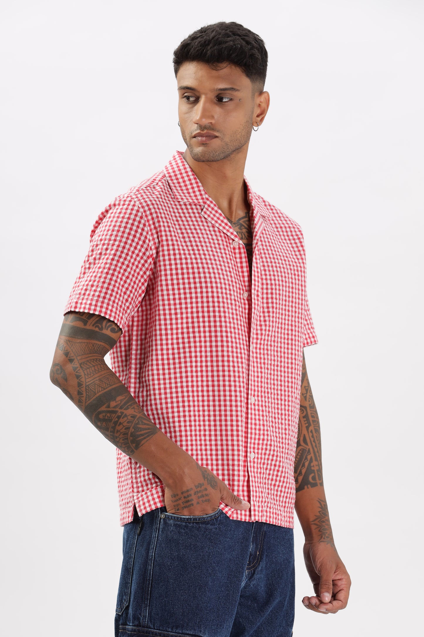 Uri Red Gingham Check Casual Half Sleeve Shirt
