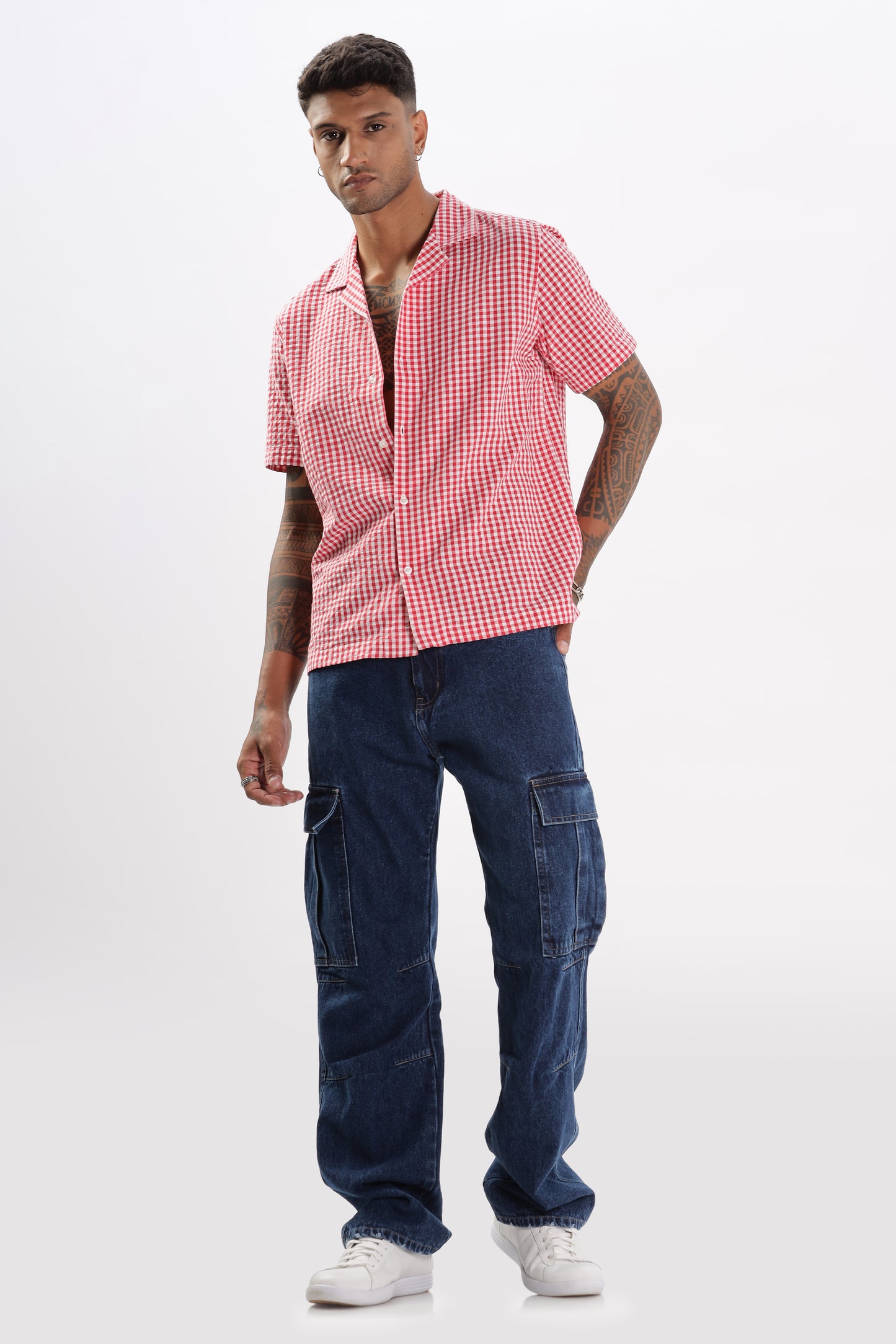 Uri Red Gingham Check Casual Half Sleeve Shirt
