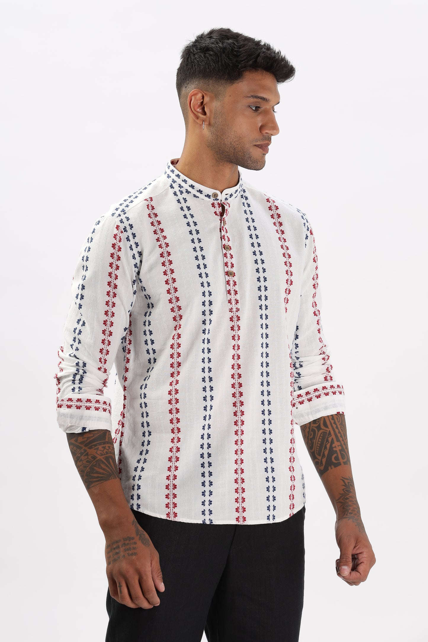 Uri White Dobby Striped Short Kurta