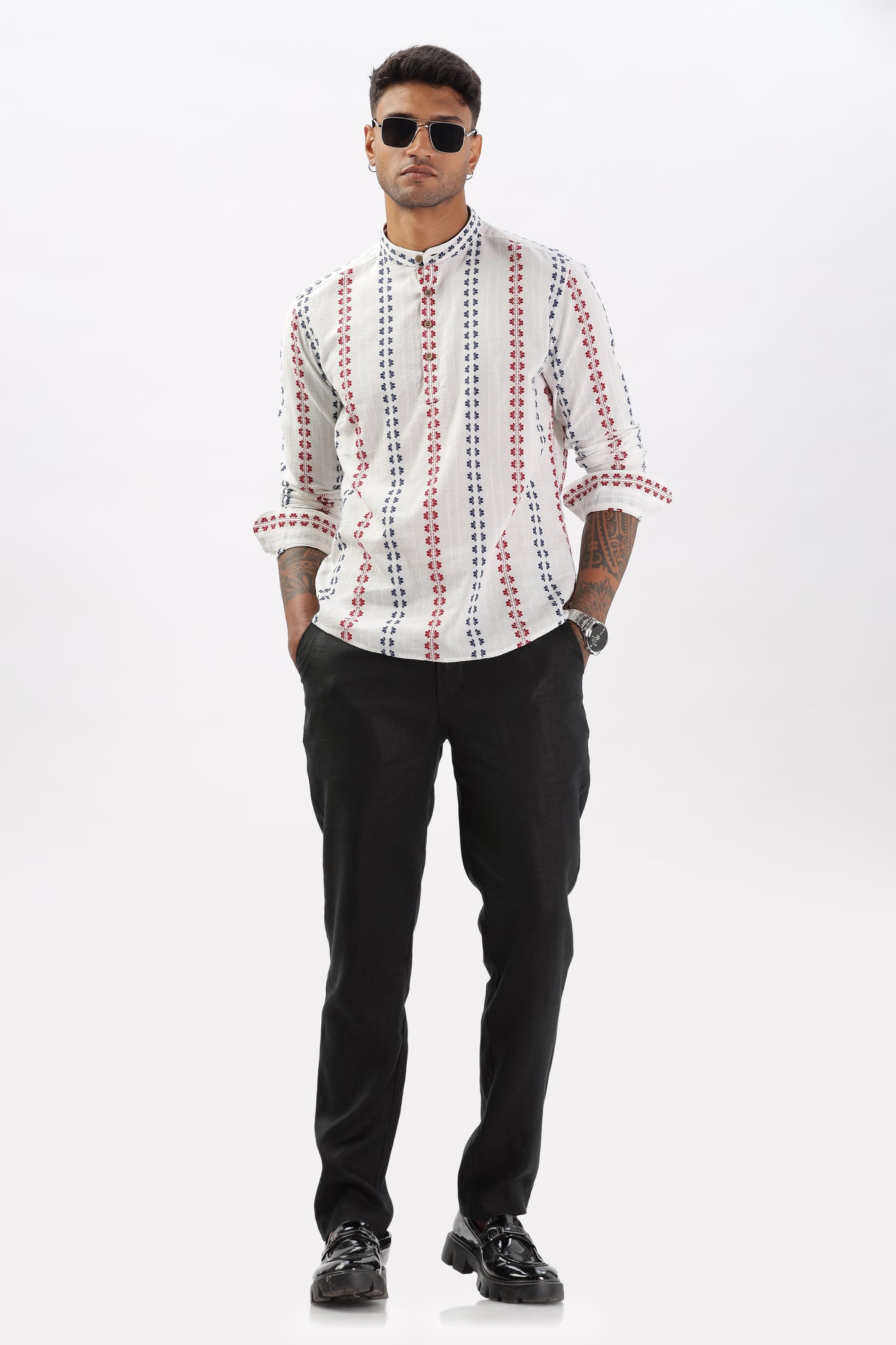Uri White Dobby Striped Short Kurta