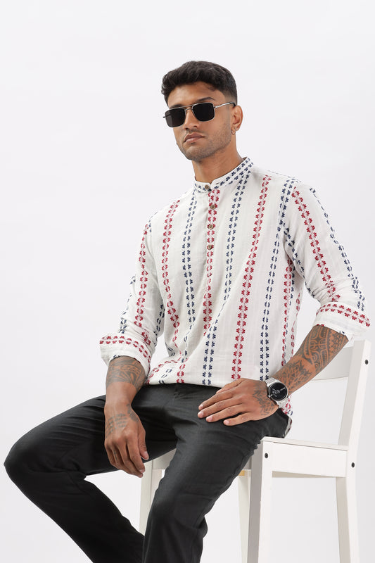 Uri White Dobby Striped Short Kurta