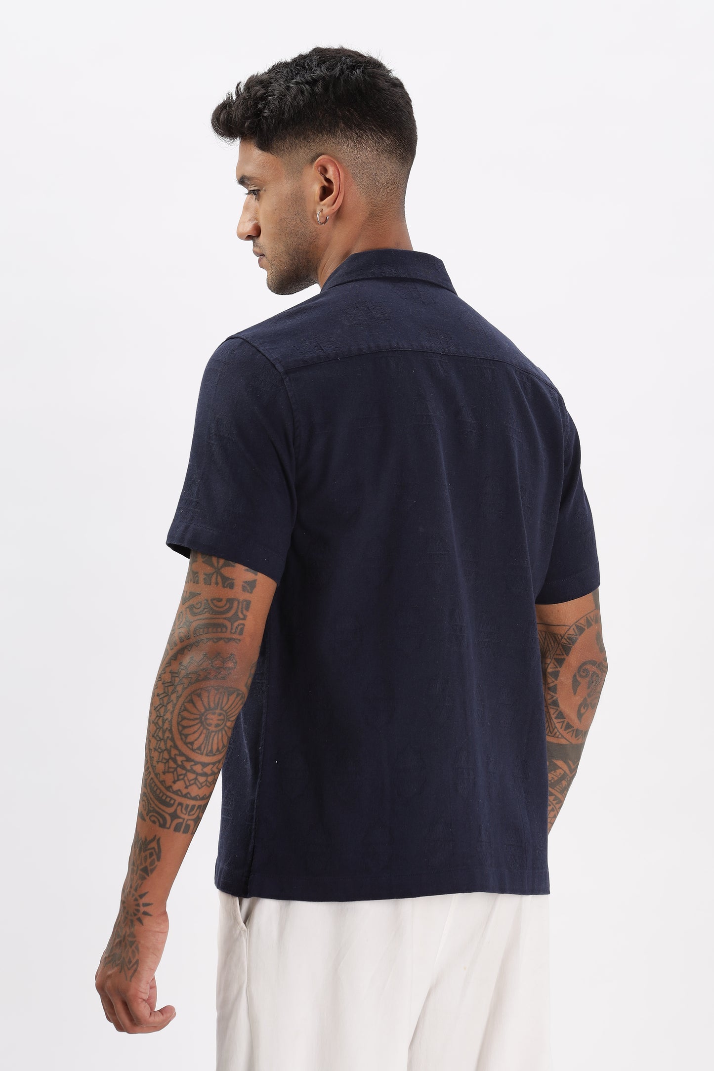 Uri Navy Jacquard Casual Cuban Collar Shirt