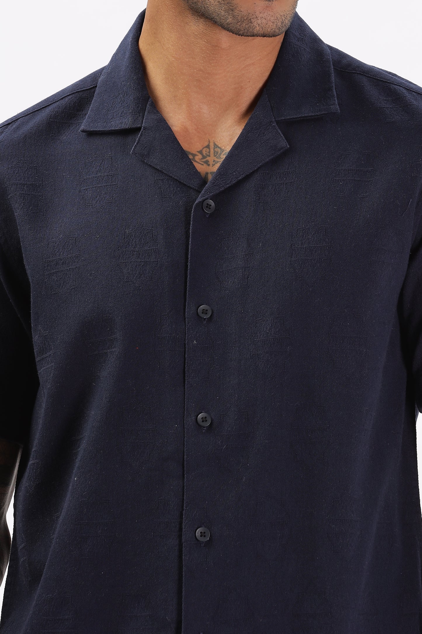 Uri Navy Jacquard Casual Cuban Collar Shirt