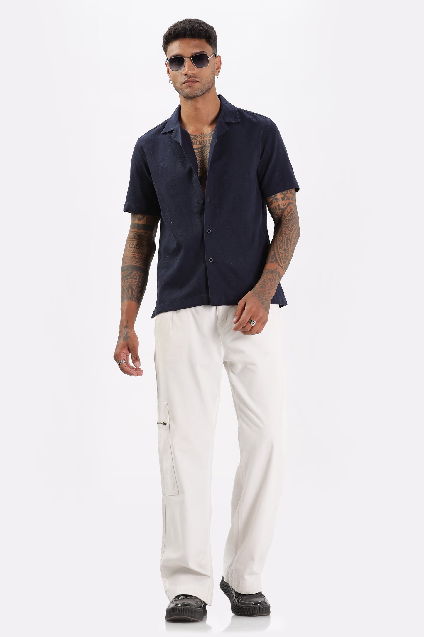 Uri Navy Jacquard Casual Cuban Collar Shirt