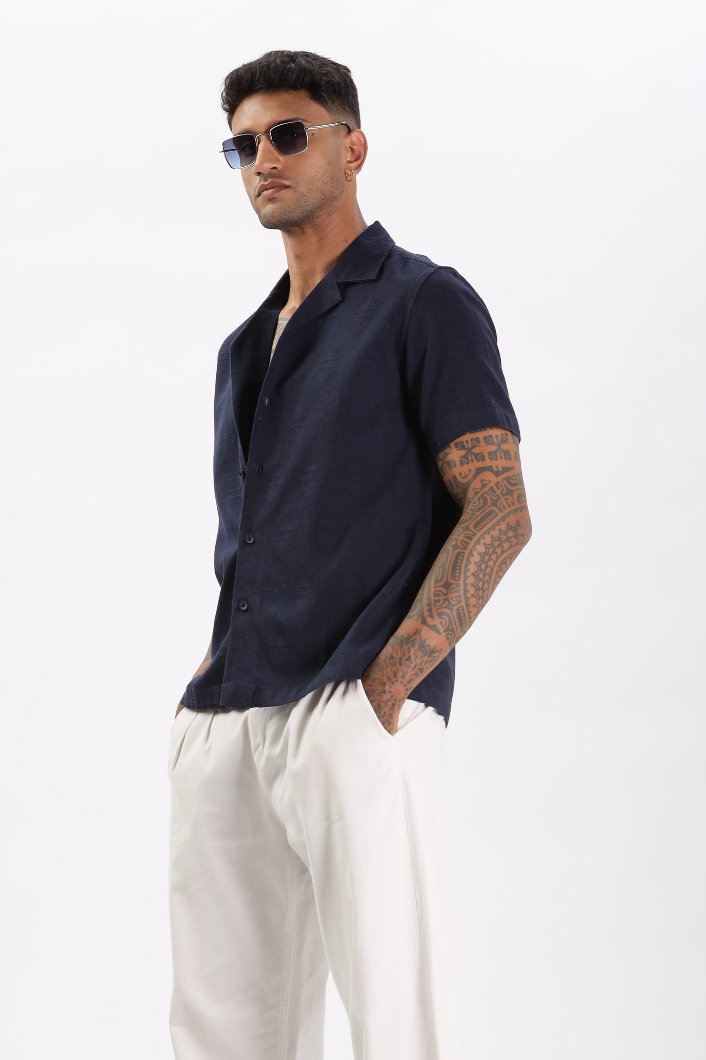Uri Navy Jacquard Casual Cuban Collar Shirt