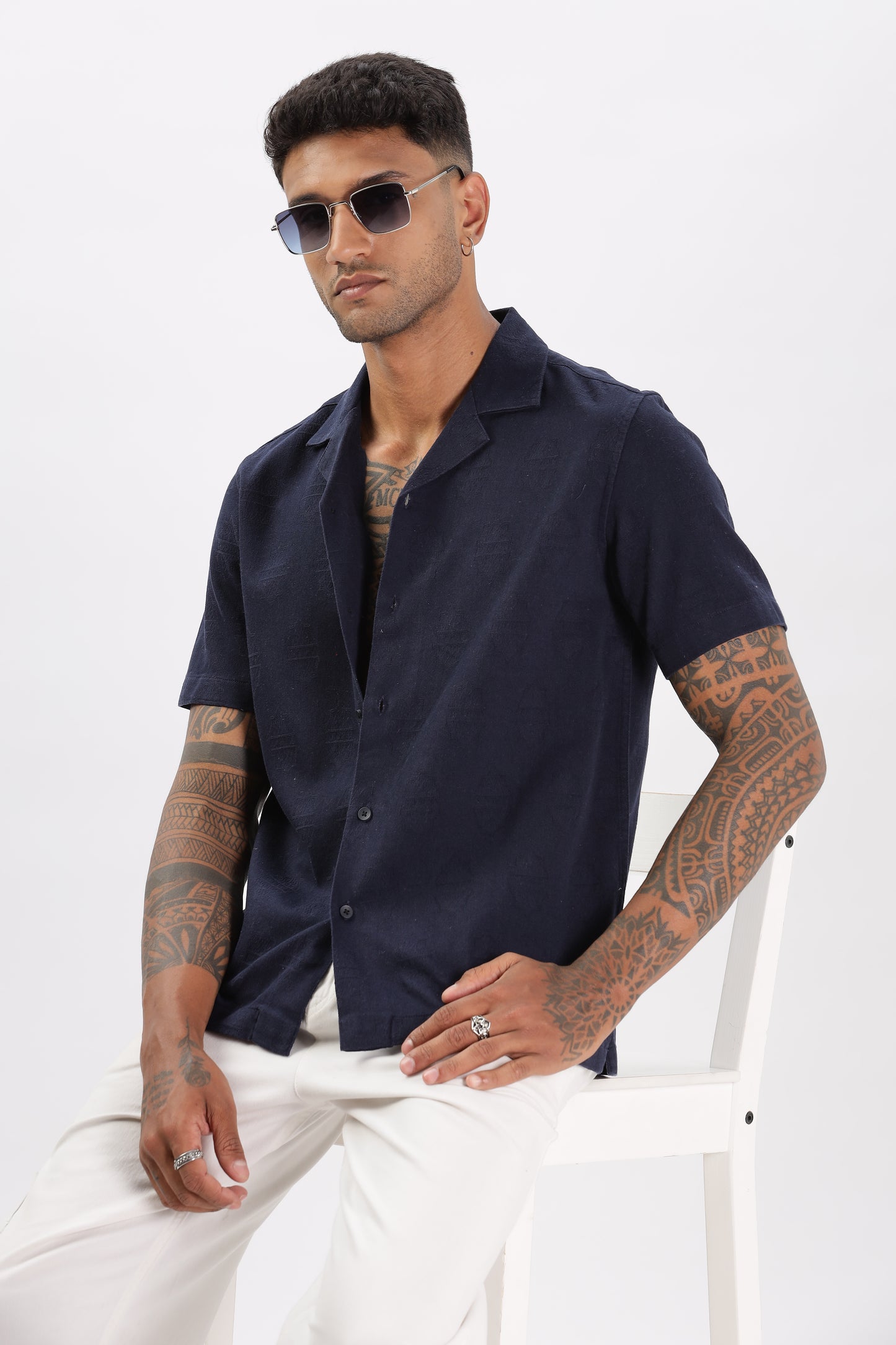 Uri Navy Jacquard Casual Cuban Collar Shirt