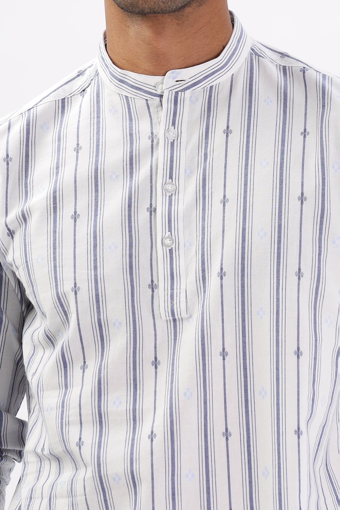 Uri White & Blue Dobby Striped Short Kurta
