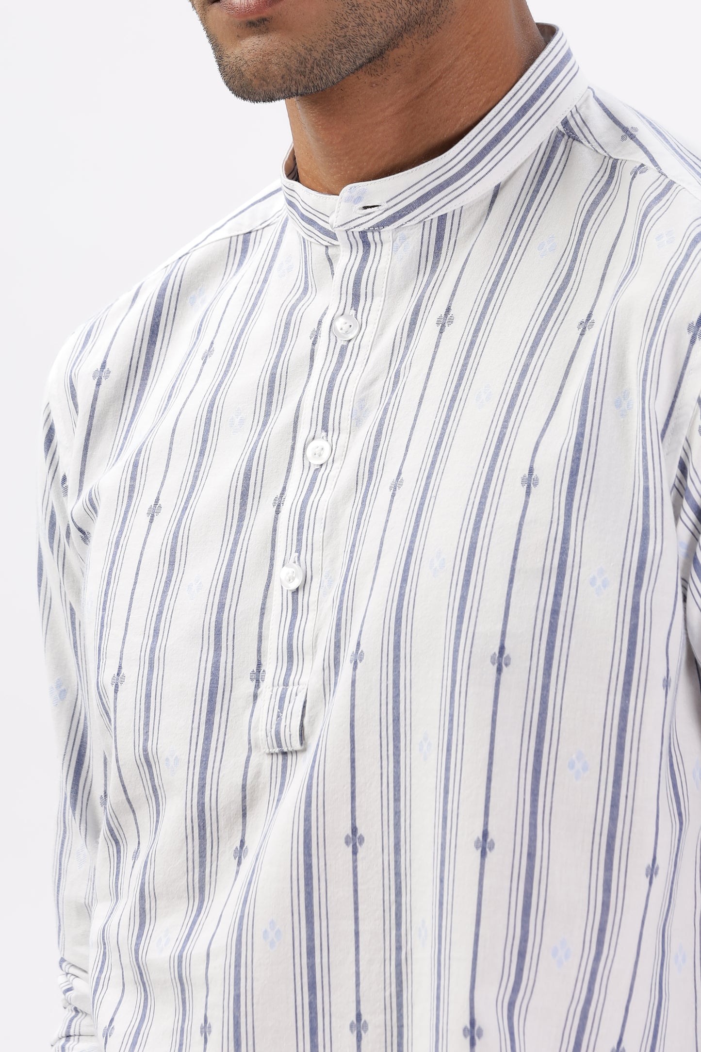 Uri White & Blue Dobby Striped Short Kurta