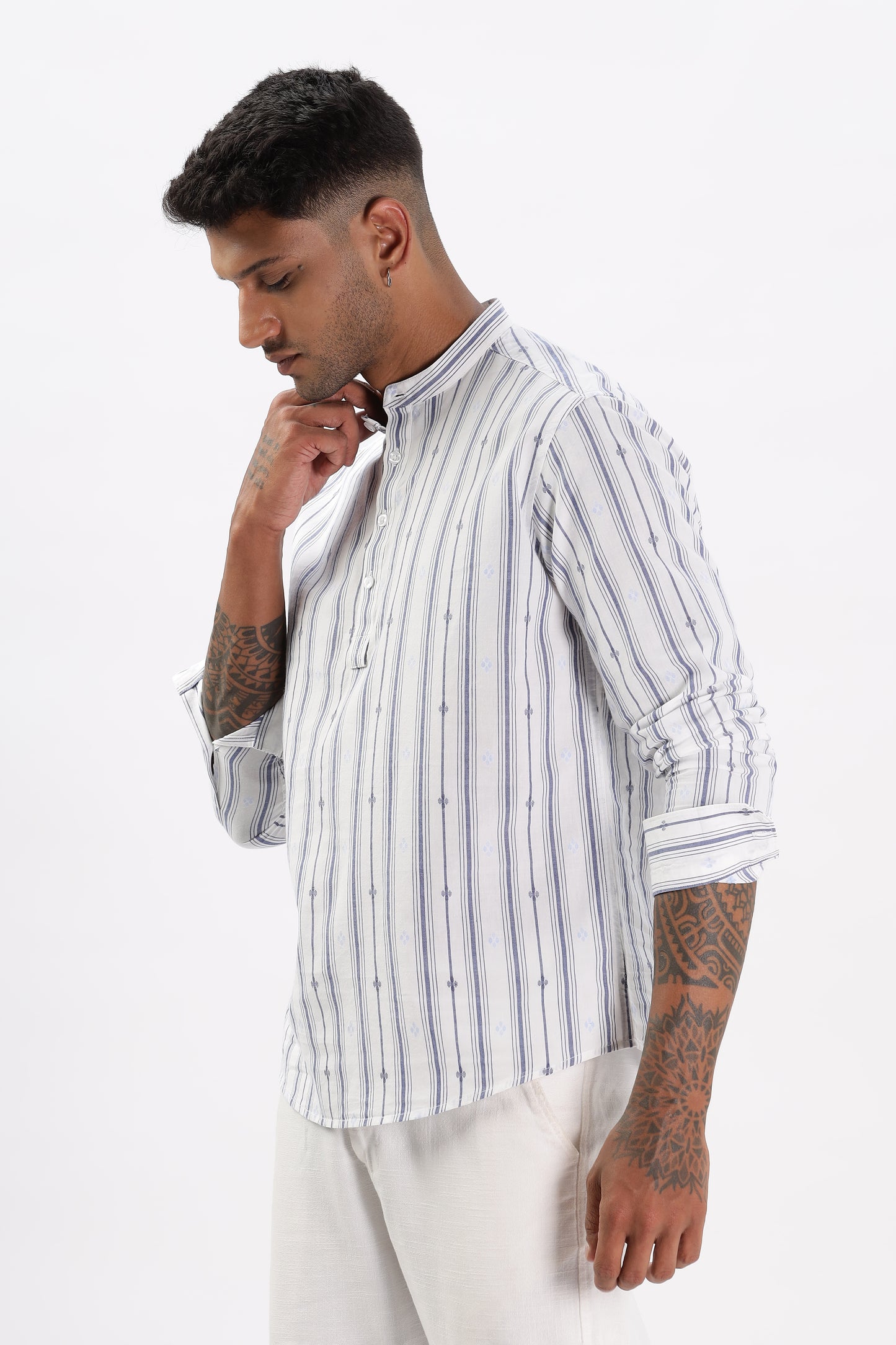 Uri White & Blue Dobby Striped Short Kurta