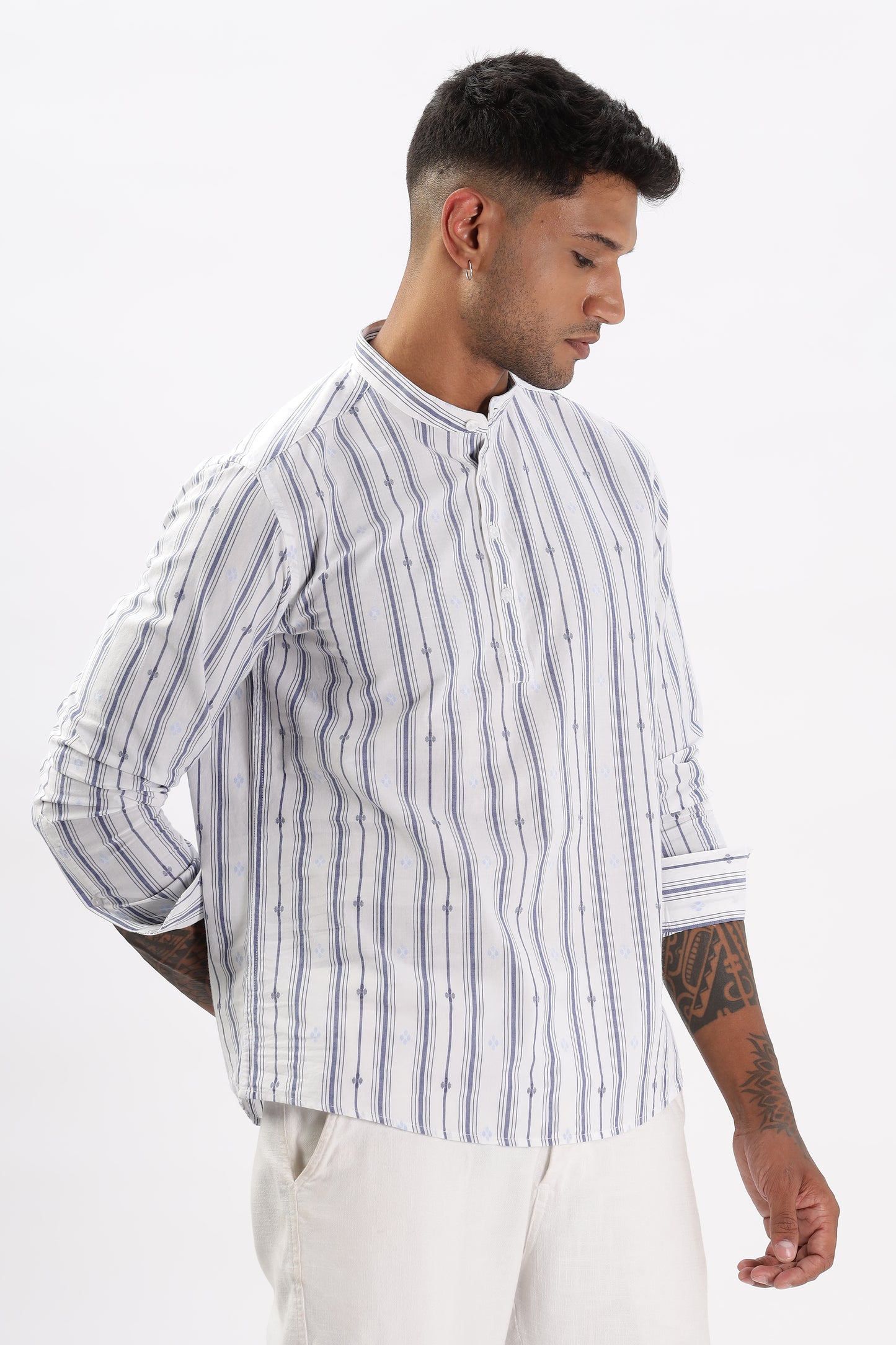 Uri White & Blue Dobby Striped Short Kurta