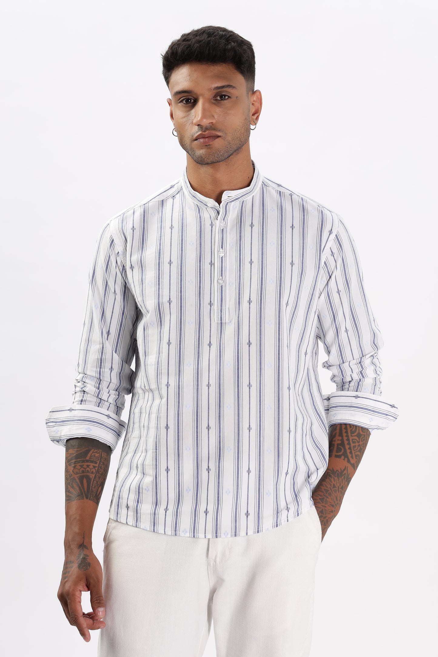 Uri White & Blue Dobby Striped Short Kurta