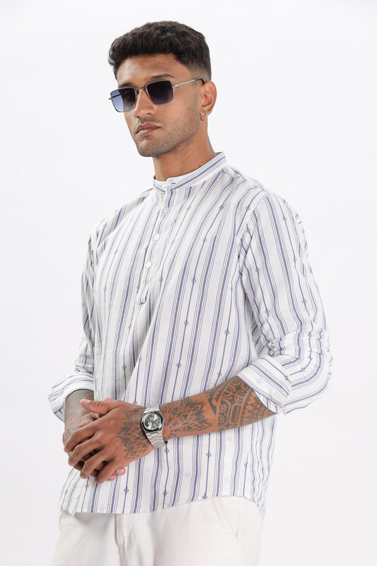 Uri White & Blue Dobby Striped Short Kurta