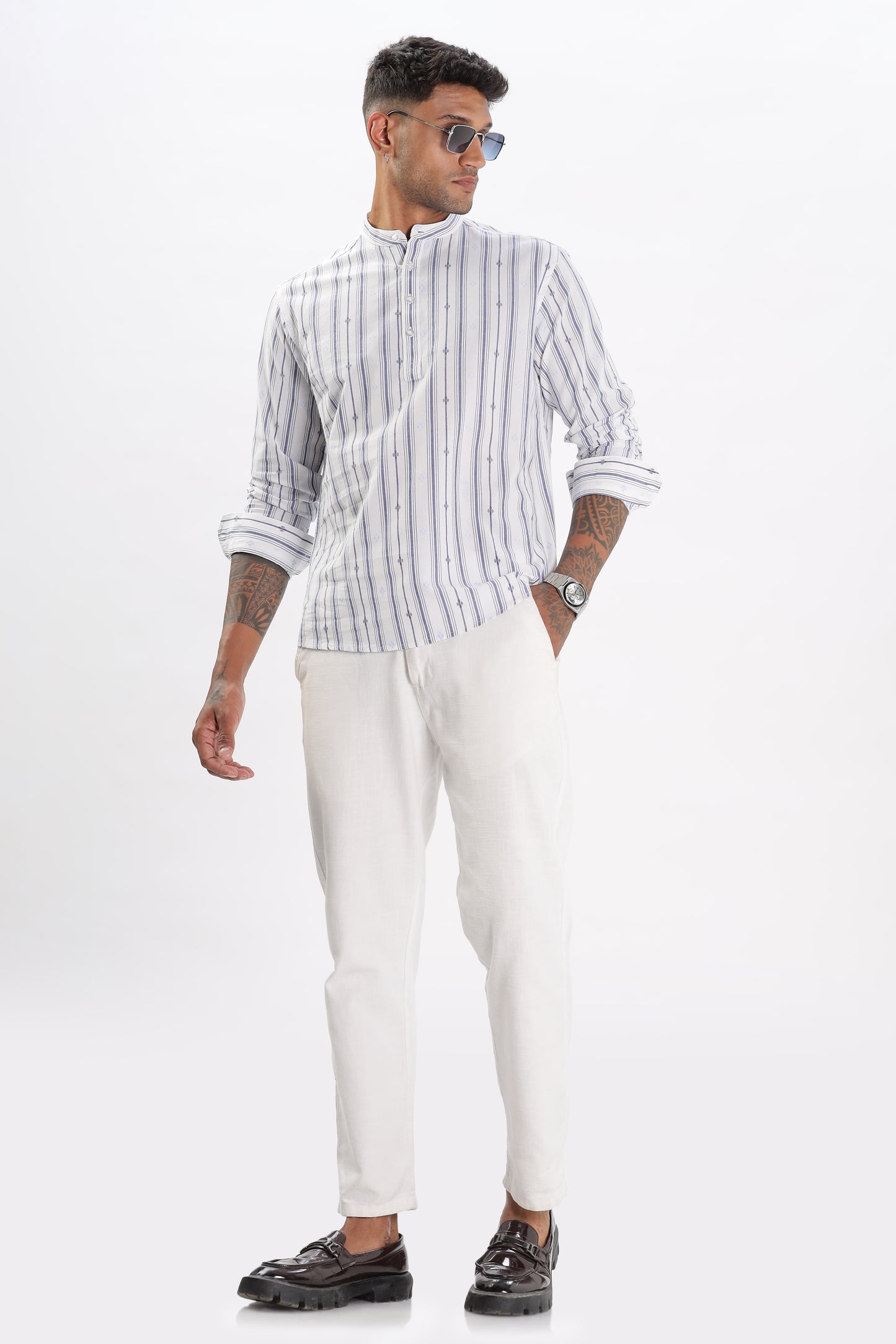 Uri White & Blue Dobby Striped Short Kurta