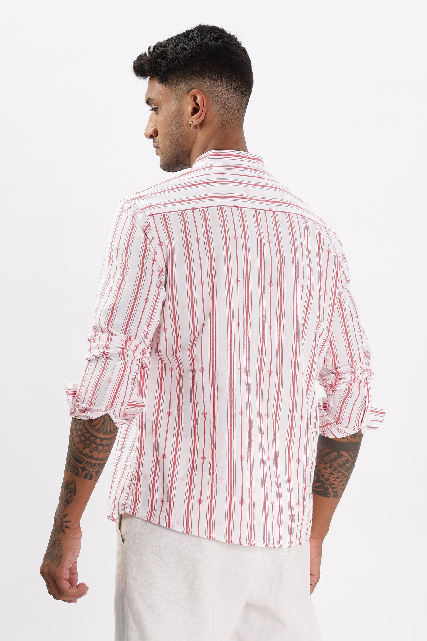 Uri White & Red Dobby Striped Short Kurta