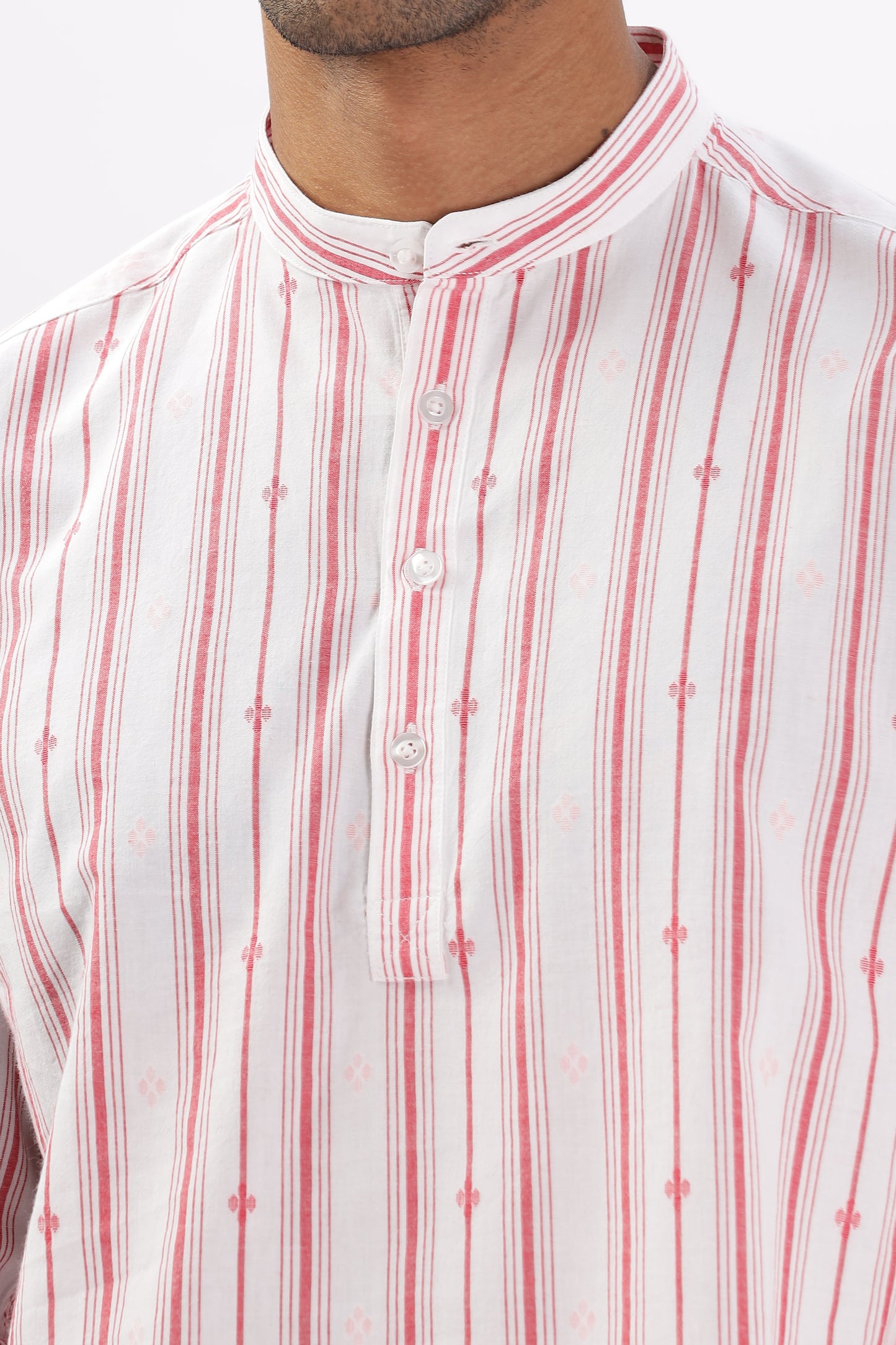 Uri White & Red Dobby Striped Short Kurta