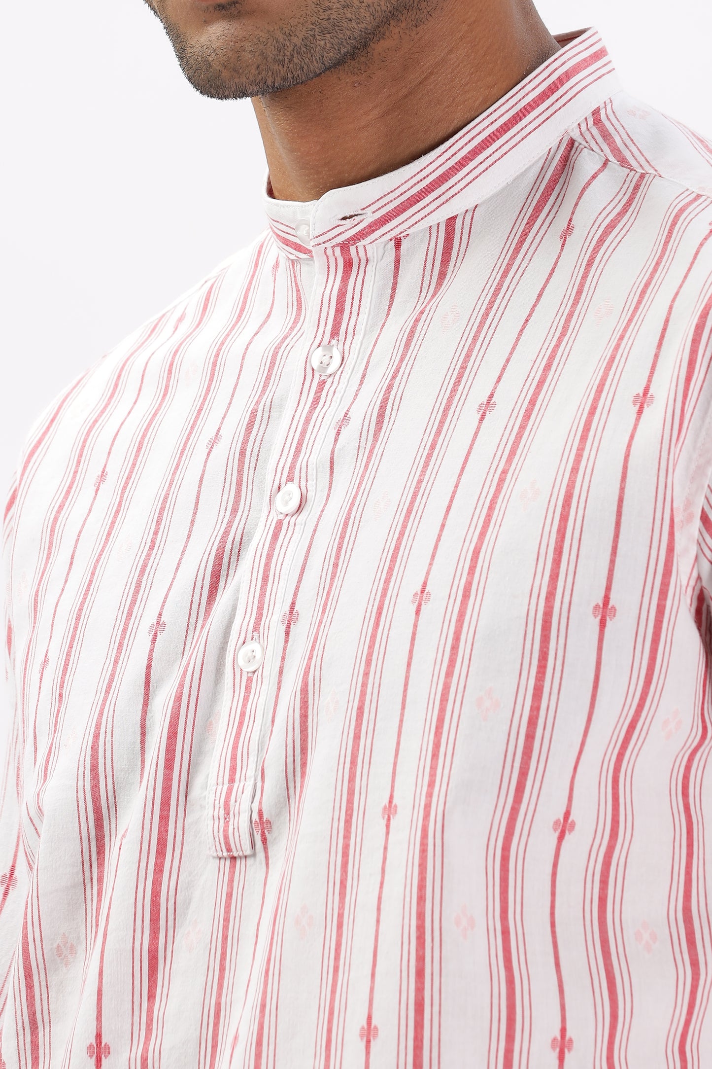 Uri White & Red Dobby Striped Short Kurta