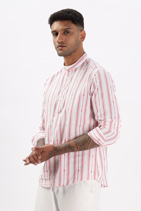 Uri White & Red Dobby Striped Short Kurta
