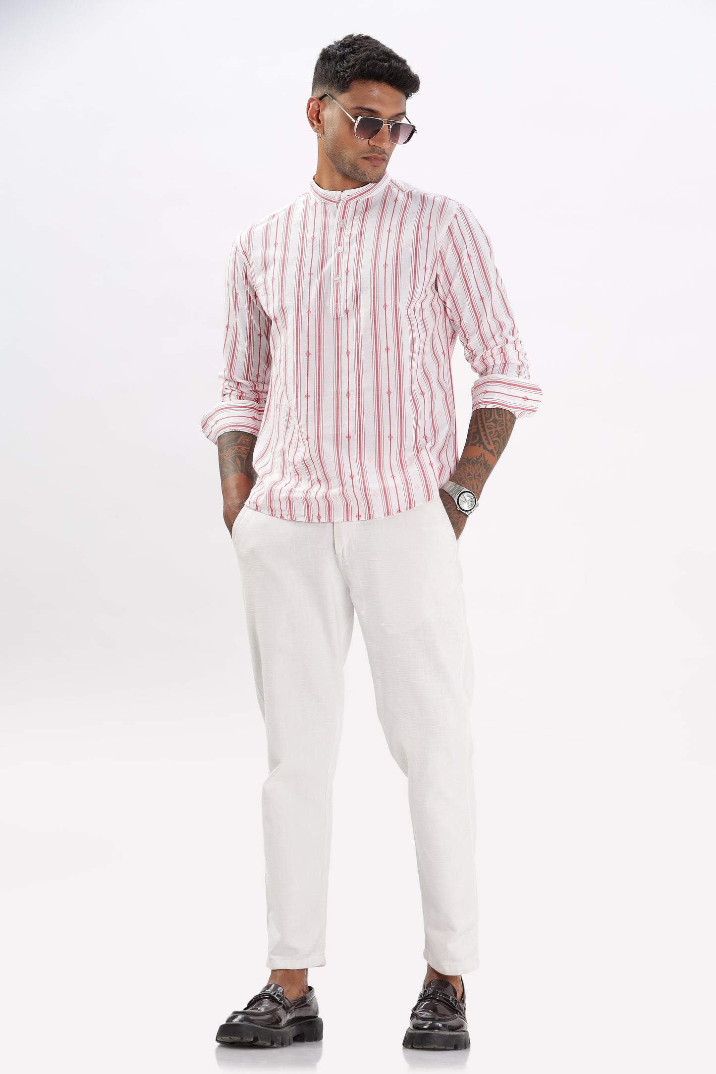 Uri White & Red Dobby Striped Short Kurta